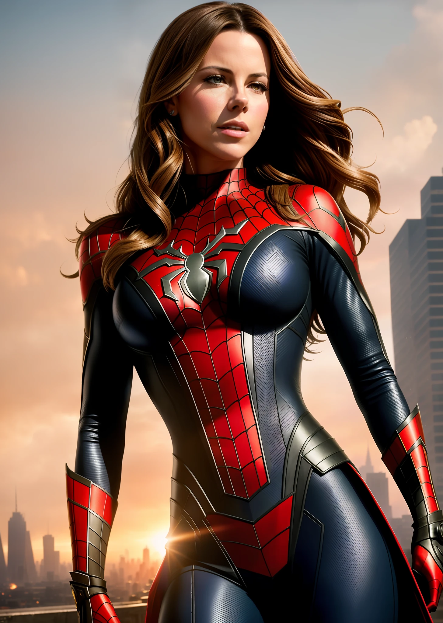 Kate Beckinsale in detailed brown Spider-Man costume, large breasts, superhero pose, standing in ruined city at sunset, hyperdetailed, smoke, sparks, sunbeams, (8k), realistic, symmetrical, award-winning, cinematic lightning, soaked, film, 75mm, scratches, full body shot, close-up, torn and dirty clothes, detailed face,
