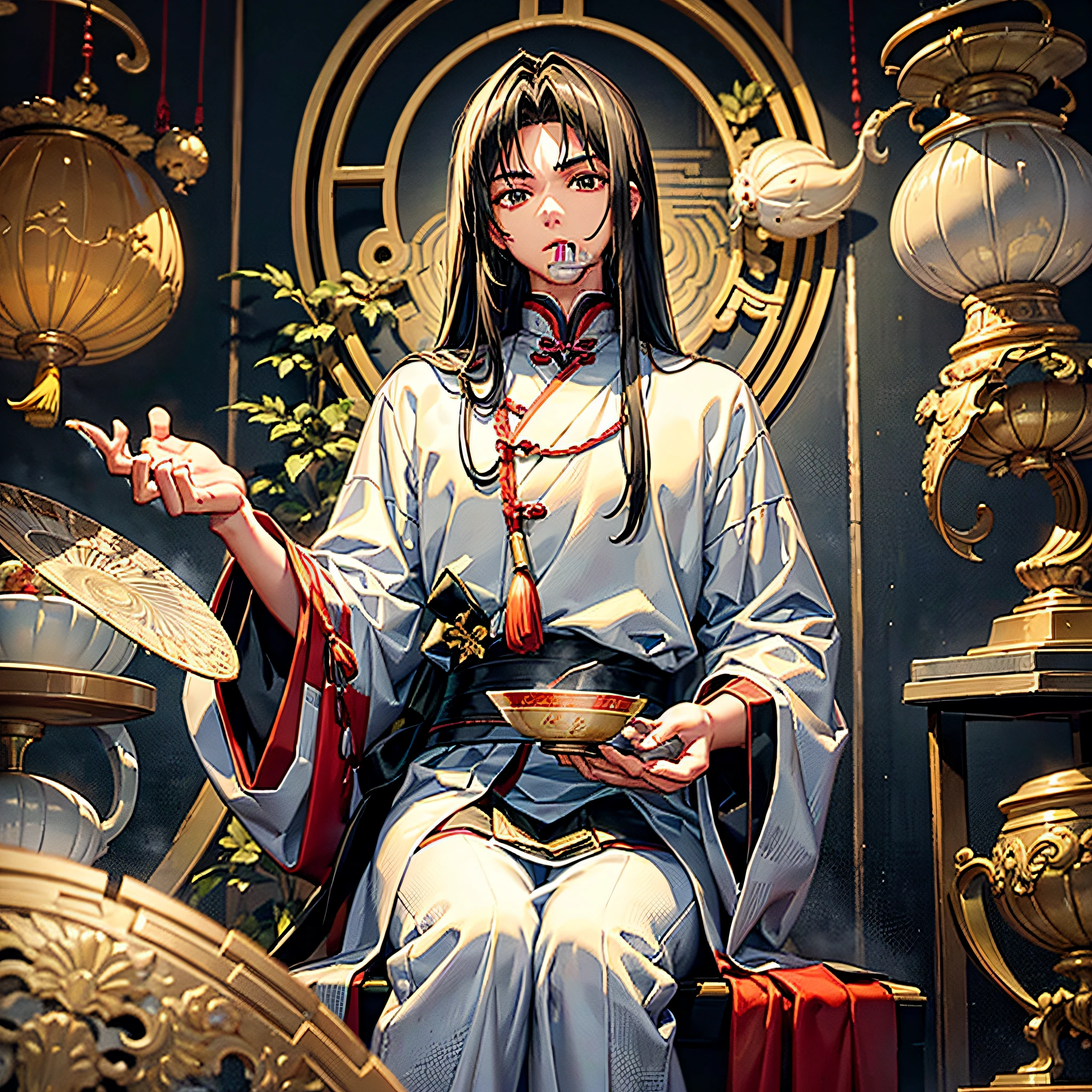 An ancient Chinese teenager with long black hair, wearing a white tai chi suit, holding a folding fan, stood several bronze piles in front of him, one of them fell to the ground and was broken, the boy looked aristocratic, scholarly looking, white handsome, and a bowl of soup medicine on the chair next to him