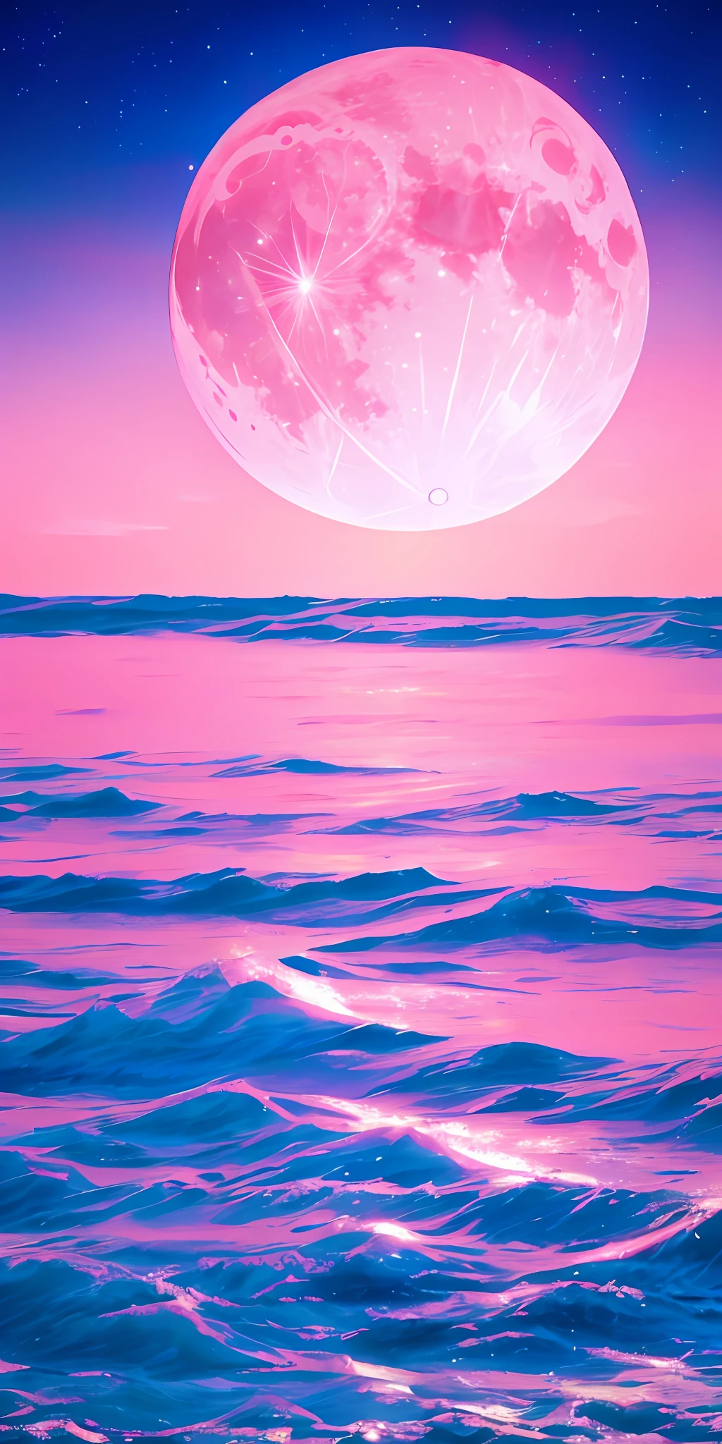 pink moon, pink sky, soft pink clouds, pink sea waves sparkling, shimmering, pink roses in pink sea, fantasy, diamonds, crown, space, soft light,