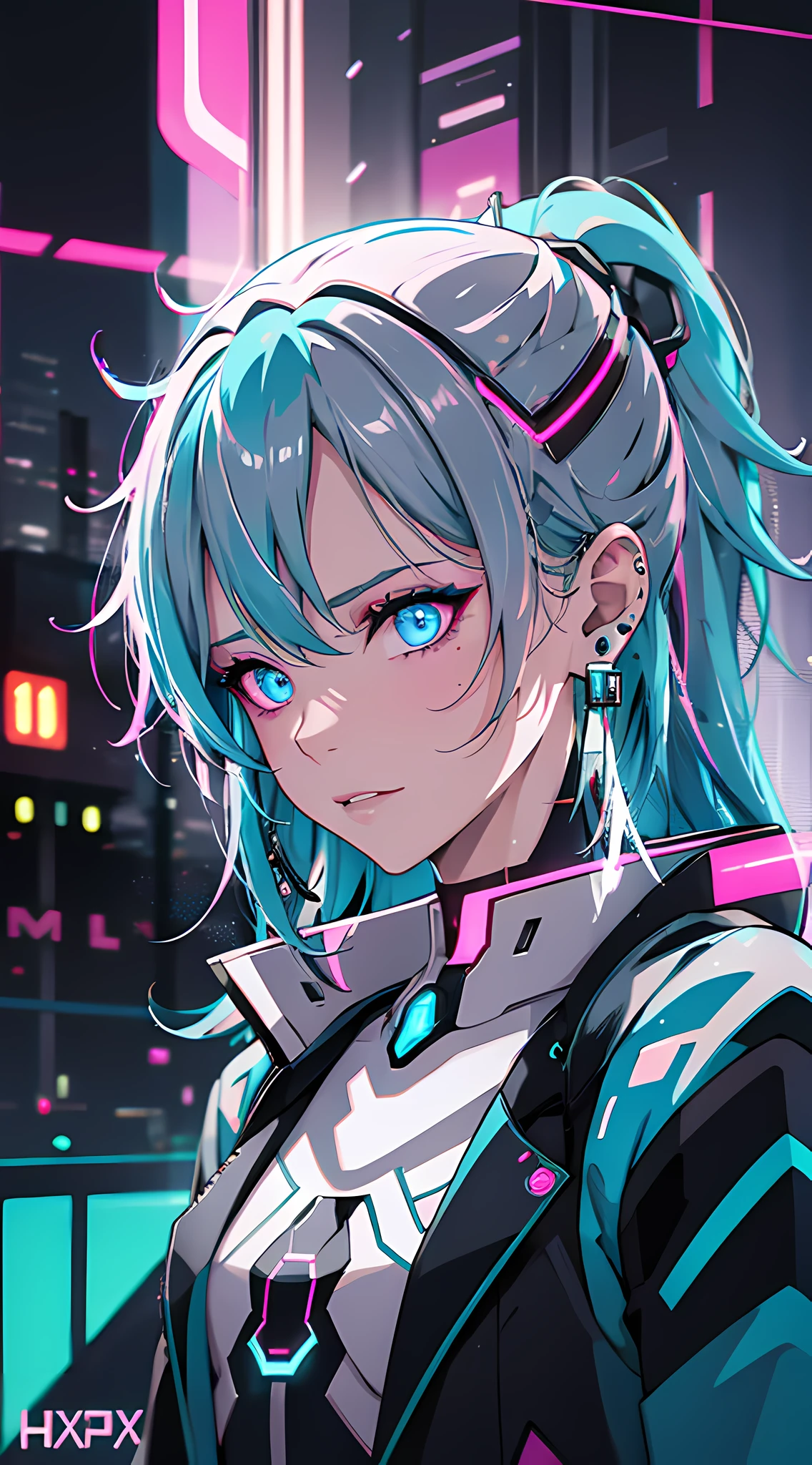 (masterpiece, best quality, night, silver hair:1.4), (cowboy shot:1.8), 8k, absurdres, beautiful girl, (wearable computer:1.6), cyberpunk, cyber goth, (cyberpunkoutfit, fluorescence pink accent, glowing pink lines on short jacket:1.4), neon, bracelets and choker, (glowing, glow, film grain, chromatic aberration:2), (asian shopping district, street, buildings, skyscraper:1.2), makeup, very small mechanical device, (cyan earrings:1.3), sharp focus, dark background, perspective, depth of field, (rain, fog, bleach bypass, HDR, facelight, sharp focus, dynamic lighting, cinematic lighting, professional shadow, extreme detailed, finely detail, real skin:0.8), (detailed eyes, sharp pupils, realistic pupils, dark back ground:0.6), (glitch effect:0.6)