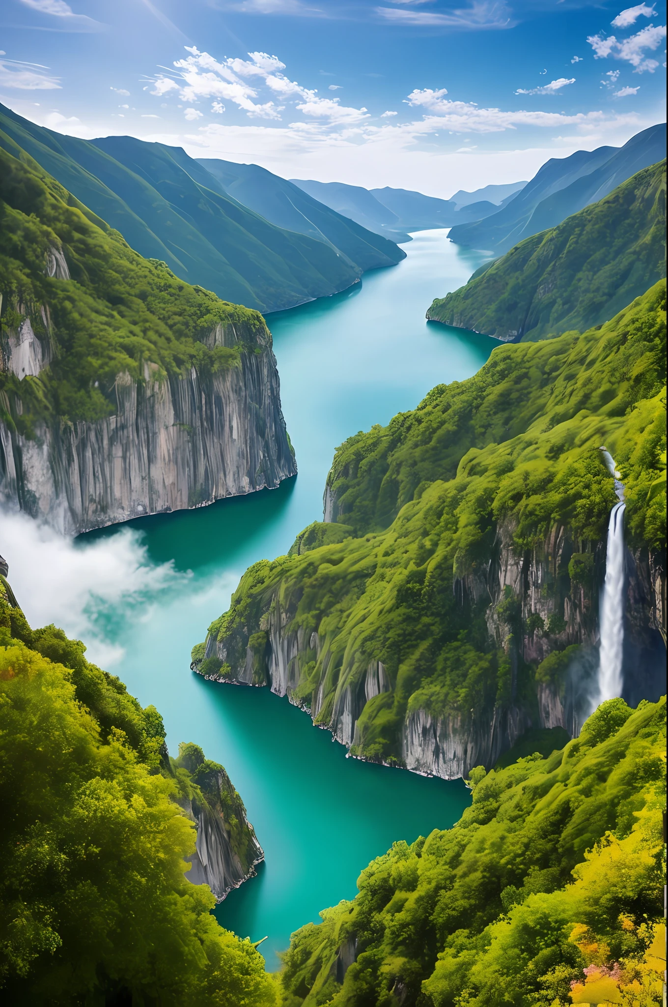 Masterpiece, ultimate quality, Cg unity 8k wallpaper, super delicate, beautiful sky and clouds, rich natural scenery, cliffs, lakes and rivers, waterfalls and flying water, beautiful green mountains, no trace of people, excellent scenery, has already won a photo contest, background Blurring, full depth of field, HDR high dynamics, true restoration, intricate, extreme details, dramatic presentation, perfectly presenting the style of midjourney art.