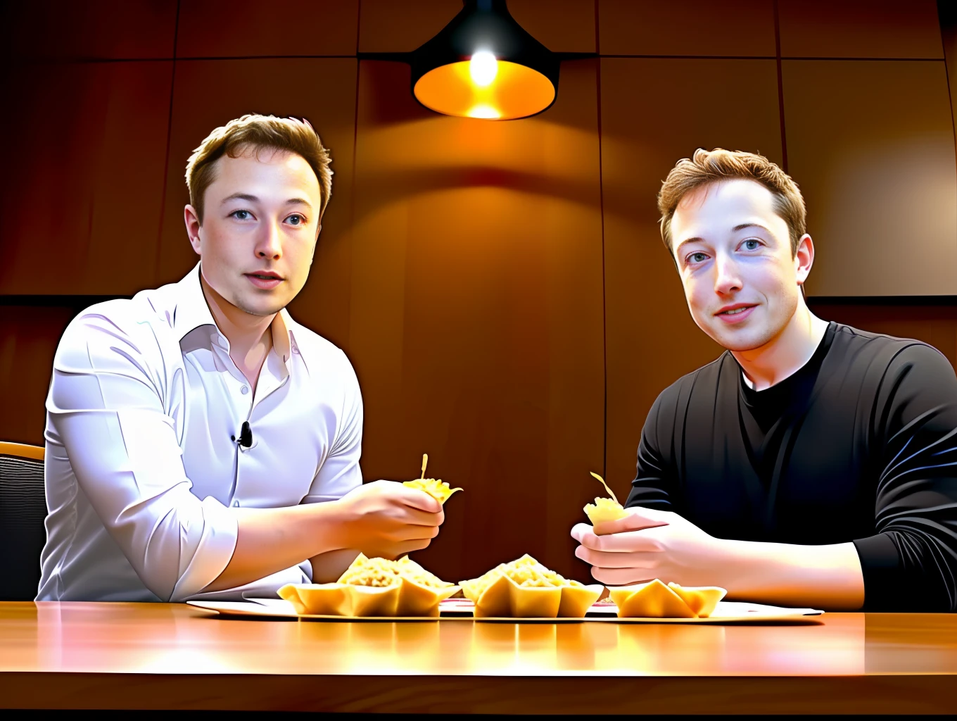 Detailed photo of Elon Musk sitting together with Mark Zuckerberg ,eating samosa at table, detailed face,medium close up view, photo realistic, two men sitting together at table, Elon musk and Mark Zuckerberg eating samosa at table, 8k resolution,