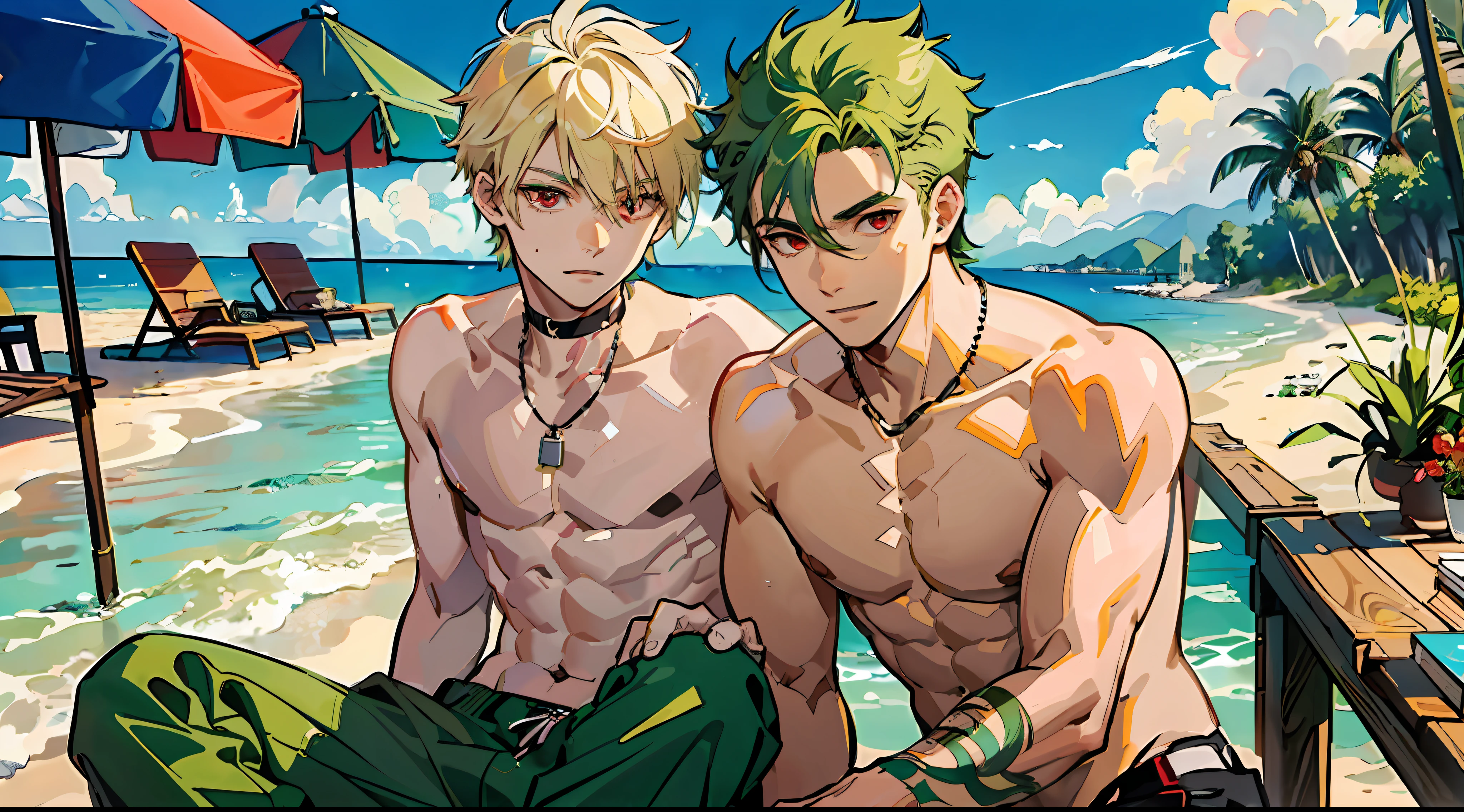 (Masterpiece: 1.4, highest quality), ((Masterpiece, Best Quality)), two boys, (Cute boy with green hair and big eyes: 1.2), (Good looking boy with blond spiked hair and red eyes: 1.2),beach,they are undressing