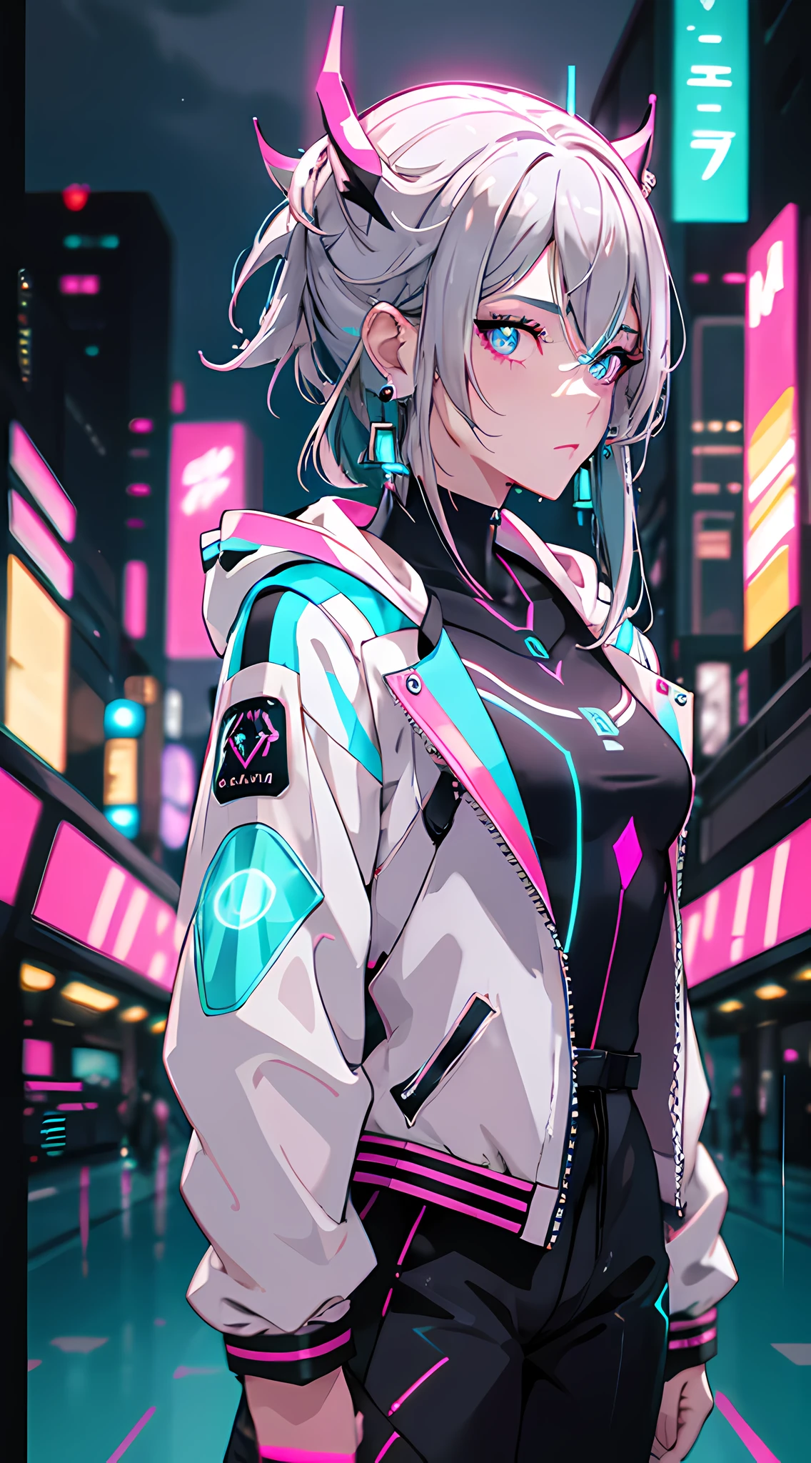 (masterpiece, best quality, night:1.4), (cowboy shot, silver hair:1.9), 8k, absurdres, beautiful girl, (wearable computer:1.4), cyberpunk, cyber goth, (cyberpunkoutfit, fluorescence pink accent, glowing pink lines on short jacket:1.4), neon, bracelets and choker, (glowing, glow, film grain, chromatic aberration:2), (asian shopping district, street, buildings, skyscraper:1.2), makeup, (cyan earrings:1.3), sharp focus, dark background, perspective, depth of field, (very small mechanical device, rain, HDR, facelight, sharp focus, dynamic lighting, cinematic lighting, professional shadow, extreme detailed, finely detail, real skin:0.8), (detailed eyes, sharp pupils, realistic pupils, dark back ground:0.6), (glitch effect:0.7)