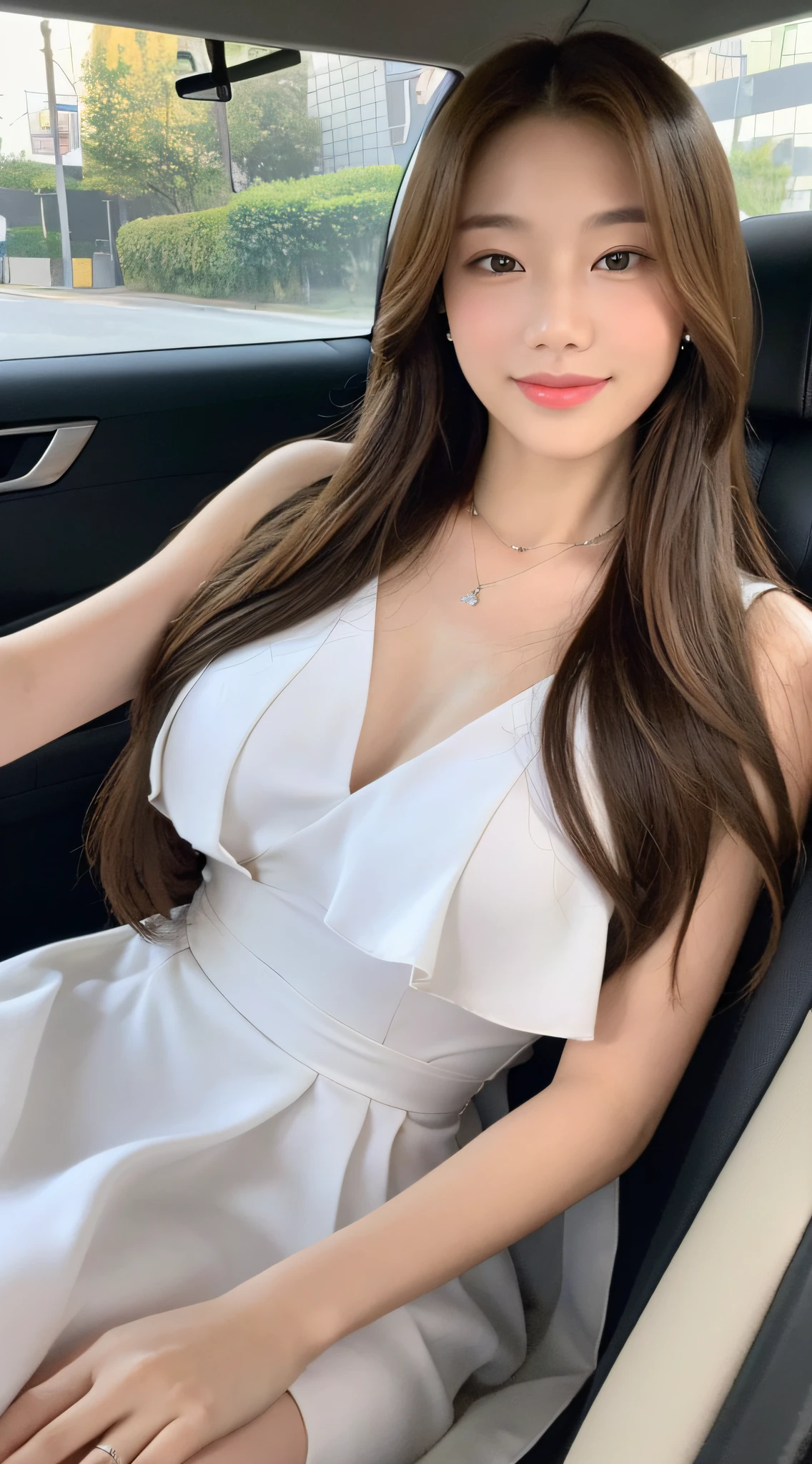 ((Best Quality, 8k, Masterpiece: 1.3)), Focus: 1.2, Perfect Body Beauty: 1.4, Buttocks: 1.2, Big: 1.2, ((Delicate Long Hair)), (Sparkling Dress: 1.1) , (Sports car, street: 1.2), Highly detailed face and skin texture, Fine eyes, Double eyelids, Whitened skin, Smile, Wearing necklace, ring, Man sitting inside a car.