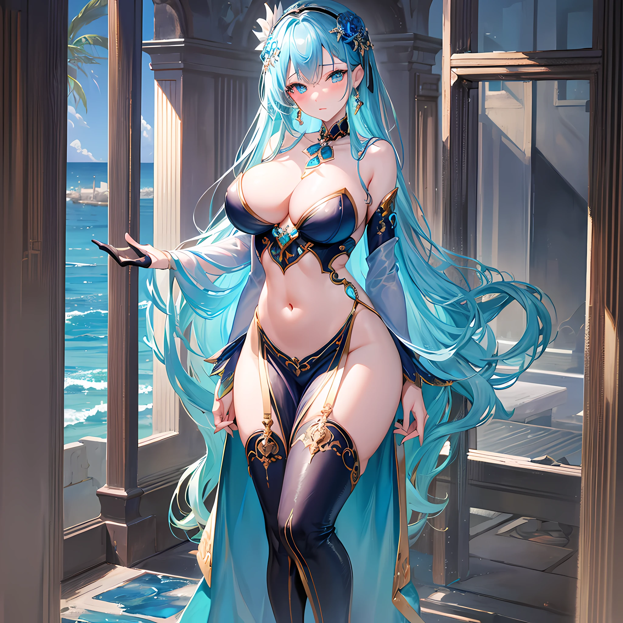 Ocean Goddess, perfect slim body, mature royal sister, blue hair, royal sister face, black face, open-chest outfit, sexy and alluring, beautiful face, full body portrait, 4K picture quality, big, feminine expression, blush shy, large bust, ocean temple, turquoise water, ((beautiful eyes)), gentle, sexy