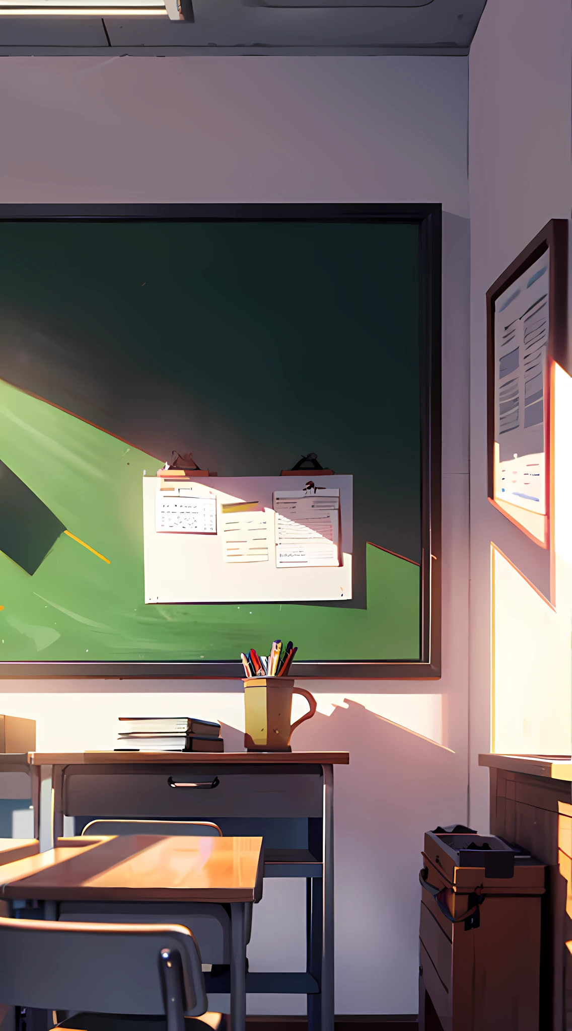 summer, classroom scene, desk, school bag, book, blackboard, chalk lettering, shade, sunlight, wide angle, best quality, 8k, perspective, depth of field, high resolution, fine detail, super detail, sharp focus