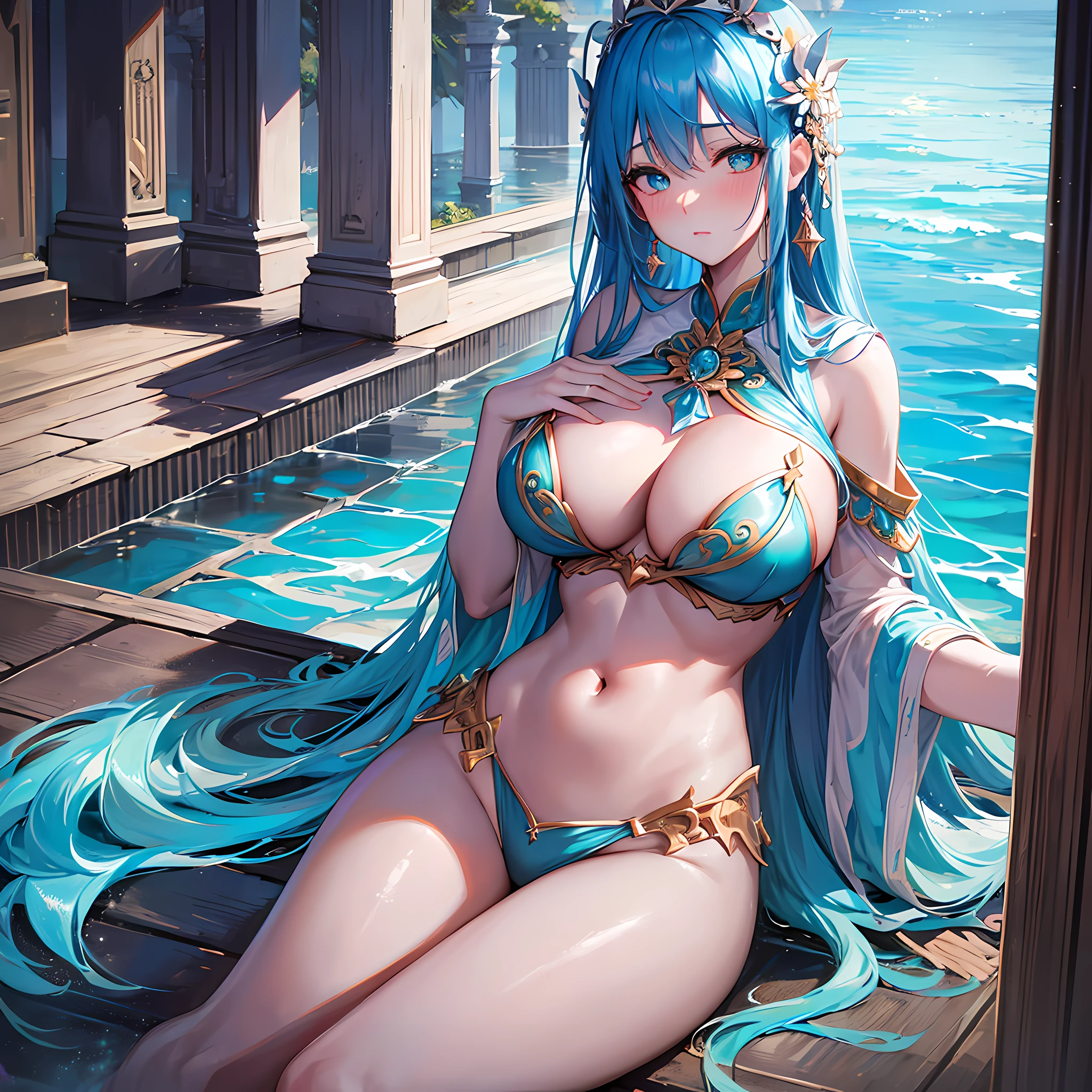 Ocean Goddess, perfect slim body, mature royal sister, blue hair, royal sister face, black face, open-chest outfit, sexy and alluring, beautiful face, full body portrait, 4K picture quality, big, feminine expression, blush shy, large bust, ocean temple, turquoise water, ((beautiful eyes)), gentle, sexy