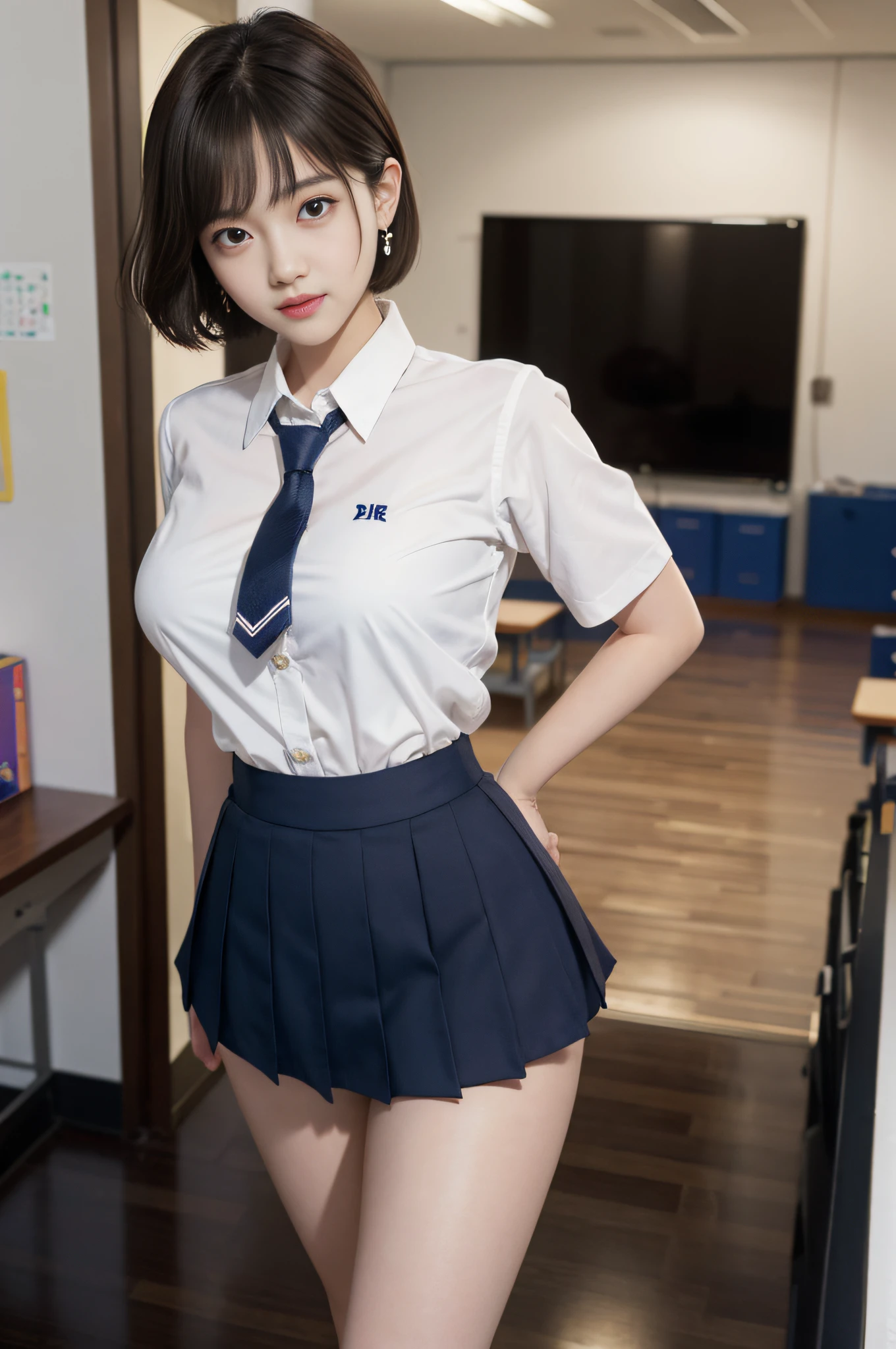 Korean school uniform, summer school uniform shirt, ribbon tie, skirt, school, classroom, school stairs, chest thrusting pose, 8K RAW photo, high resolution, cool Korean at , very big round breasts, beautiful eyes in detail, long eyelashes, beautiful double eyelids, eyeshadow, eyeliner, slender eyes, elongated eye shape, Sanpaku eyes, evil smile, beautiful thin legs, beautiful thin thighs, Random short hair, hair tied at the back of the head, earrings, light brown hair