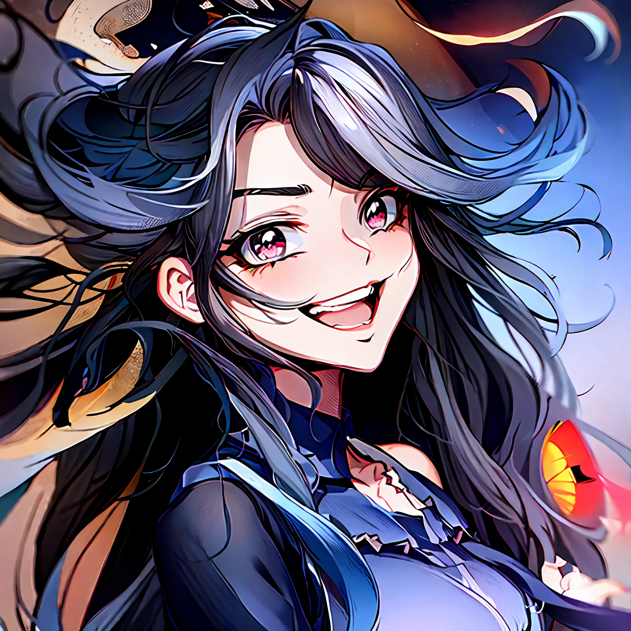 Anime girl with long hair with a smile on her face, [[[grinning]]]], Ahgao, beautiful anime portrait, sly smile, color manga style, long hair anime girl, high quality anime art style, Ahgo face, anime shadow), crazy smile, (anime girl), stunning anime face portrait, she is smiling