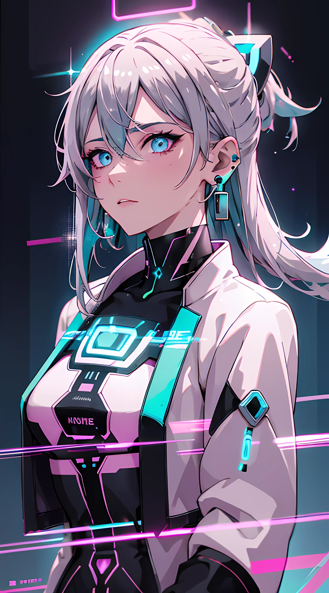 (masterpiece, best quality, night:1.4), (cowboy shot, silver hair:1.9), 8k, absurdres, beautiful girl, (wearable computer:1.4), cyberpunk, cyber goth, (cyberpunkoutfit, fluorescence pink accent, glowing pink lines on short jacket:1.5), neon, bracelets and choker, (glowing, glow, film grain, chromatic aberration:2), (asian shopping district, street, buildings, skyscraper:1.2), makeup, (cyan earrings:1.3), sharp focus, dark background, perspective, depth of field, (very small mechanical device, rain, HDR, facelight, sharp focus, dynamic lighting, cinematic lighting, professional shadow, extreme detailed, finely detail, real skin:0.8), (detailed eyes, sharp pupils, realistic pupils, dark back ground:0.6), (glitch effect:0.8)