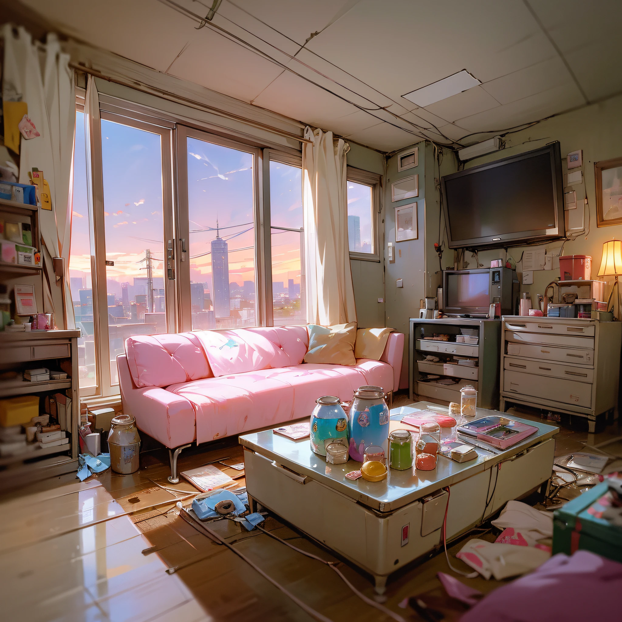 Girl's dirty room, retro old pink sofa, underwear scattered, PC and monitor, evening, window, sunset light entering the room, junk food, cup noodles and drink jars and cans are scattered, garbage overflows from trash cans. The walls are bare with cables and wiring, only the appliances are futuristic, sparkling dust is flying around the room, HD, 8K, masterpiece, real texture. --auto --s2