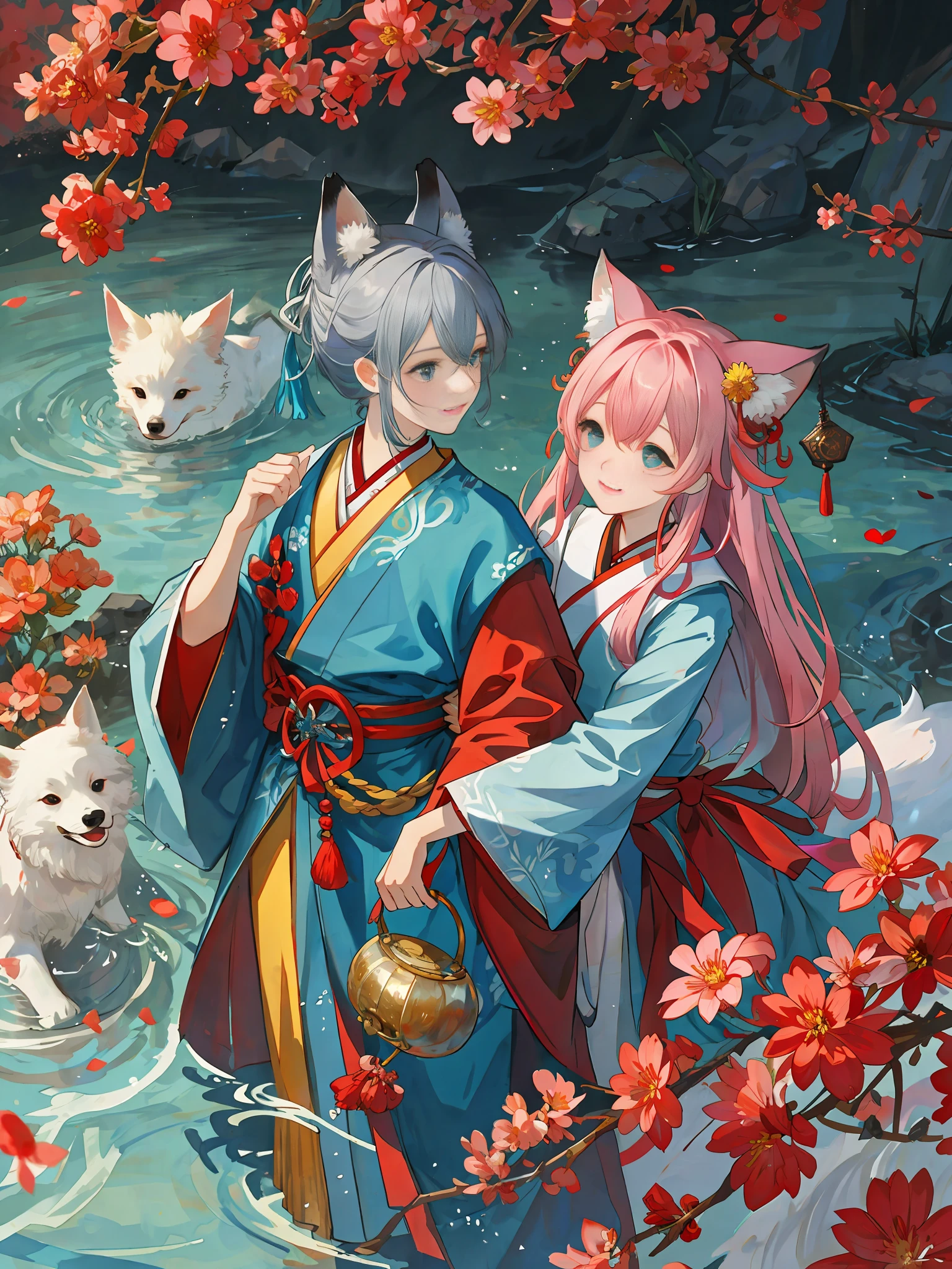 Chinese fairy style, the character is decorated with pure white clothes, a sword on his waist, falling petals in the foreground, and a white fox faintly behind him