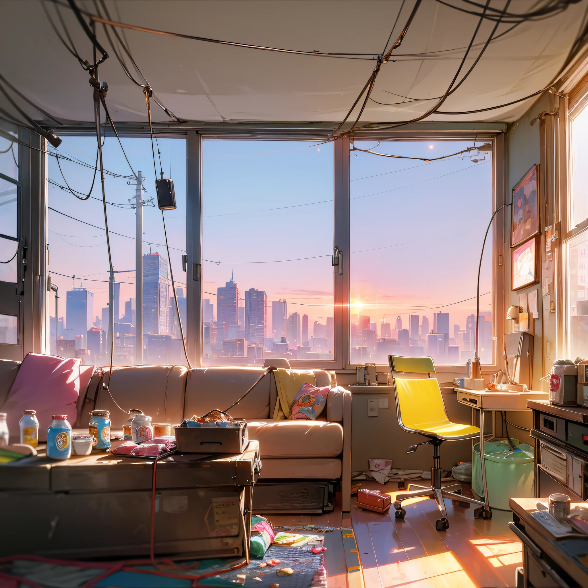 Girl's dirty room, retro old pink sofa, underwear scattered, PC and monitor, evening, window, sunset light entering the room, junk food, cup noodles and drink jars and cans are scattered, garbage overflows from trash cans. The walls are bare with cables and wiring, only the appliances are futuristic, sparkling dust is flying around the room, HD, 8K, masterpiece, real texture. --auto --s2