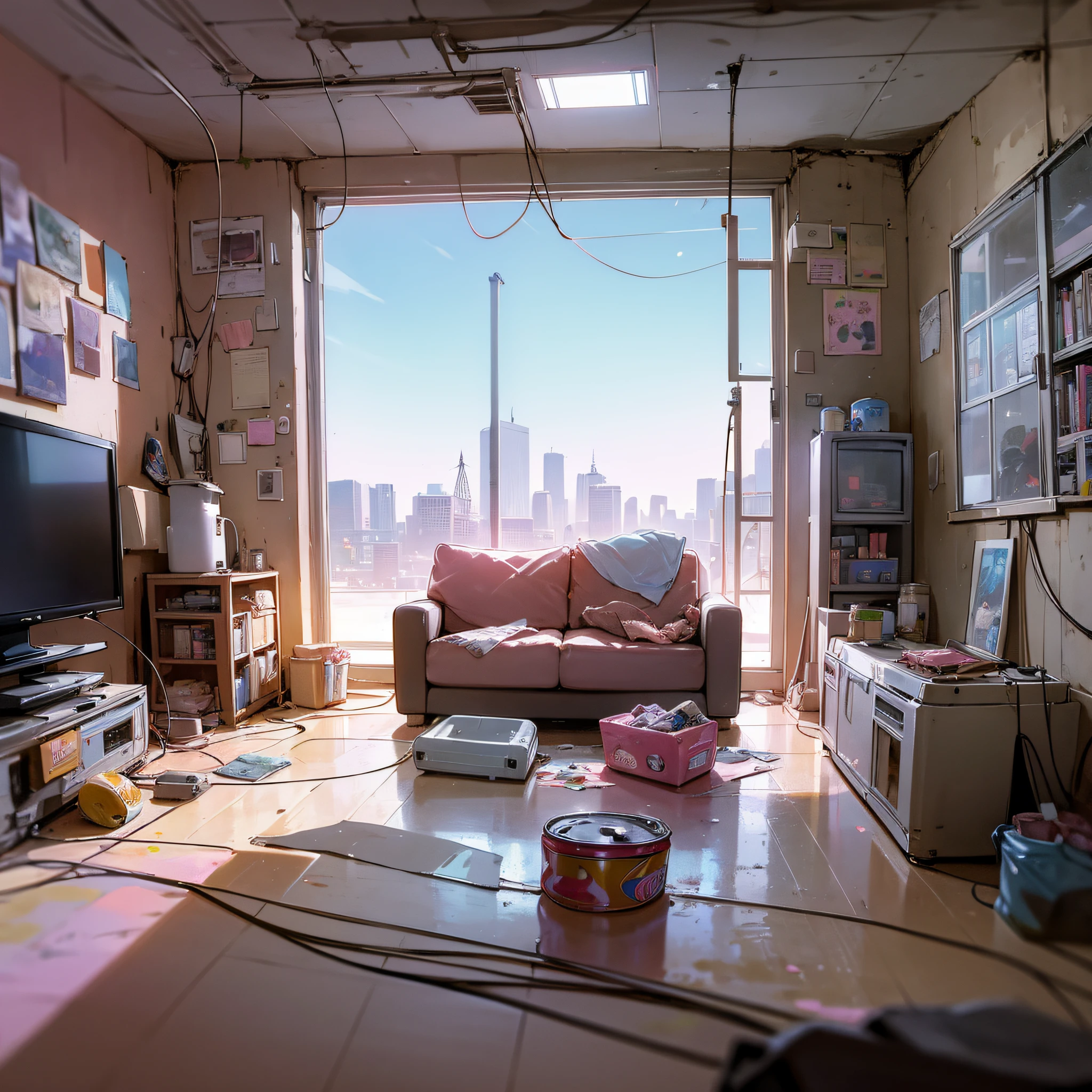 Girl's dirty room, retro old pink sofa, underwear scattered, PC and monitor, evening, window, sunset light entering the room, junk food, cup noodles and drink jars and cans are scattered, garbage overflows from trash cans. The walls are bare with cables and wiring, only the appliances are futuristic, sparkling dust is flying around the room, HD, 8K, masterpiece, real texture. --auto --s2