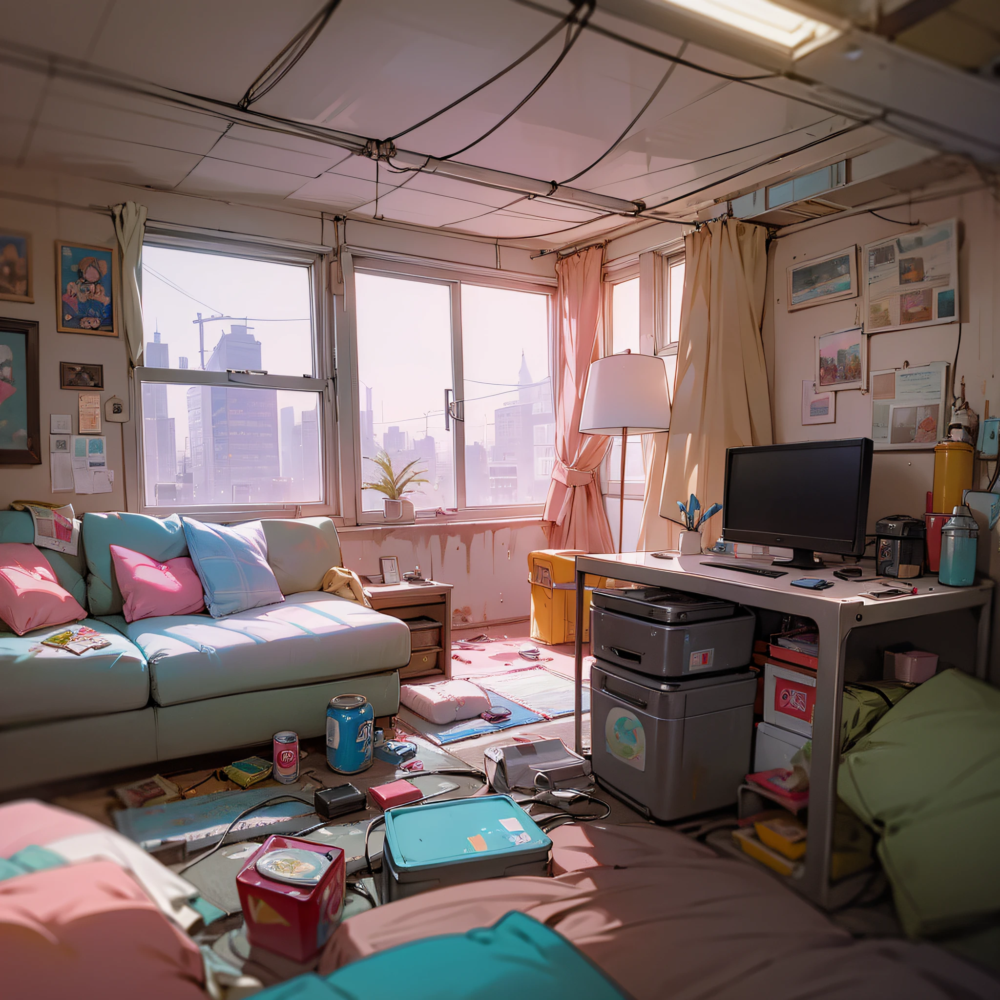 Girl's dirty room, retro old pink sofa, underwear scattered, PC and monitor, evening, window, sunset light entering the room, junk food, cup noodles and drink jars and cans are scattered, garbage overflows from trash cans. The walls are bare with cables and wiring, only the appliances are futuristic, sparkling dust is flying around the room, HD, 8K, masterpiece, real texture. --auto --s2