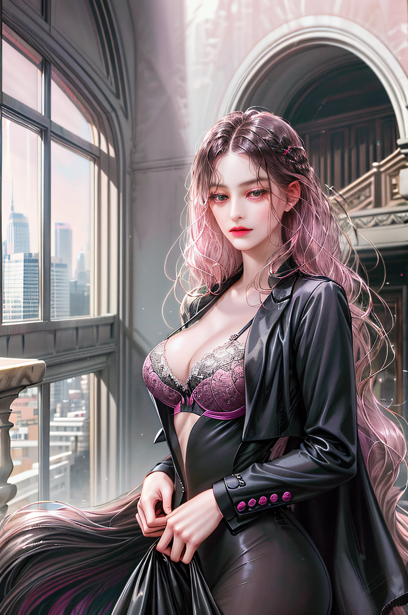 1girl, the boss of the company, with long black wavy hair and gray eyes, tall, thin, sexy, contempt and arrogant and elegant, behind her from the 21st century there is a window showing the various buildings of the city, ((black translucent suit jacket with pink bra open front))