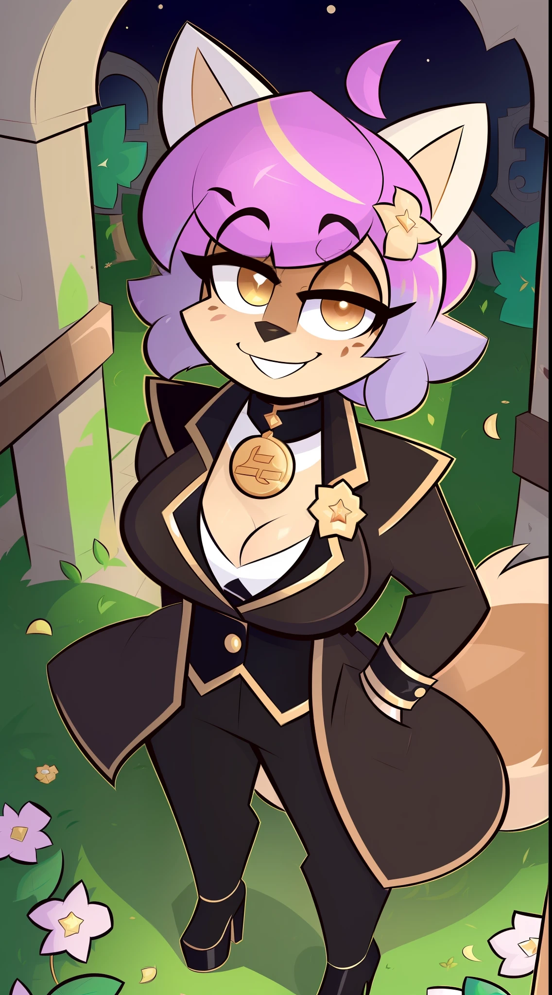 (Furry Art, uploaded in E621: 1.4), (ruins, vines, flowers: 1.2), 1 girl, solo_focus, (blue: 1.3) female (Anthro Furry: 1.4), (blue skin: 1.4), (high angle photo: 1.2), detailed face, detailed eyes (blue hairy breasts: 1.4), (detailed coat texture: 1.3), (single haircut: 1.5), large fluffy tail, short hair (seductive pose: 1.2), suit, elegant trousers, digital paint, perfect hands, natural lighting, cleavage, photorealistic (pinup) (Victorian clothing: 1.3), medals, smiling, steampunk, gold jewelry, (((by Kilinah, Coffeesoda, Hioshiru, Kilinah)))