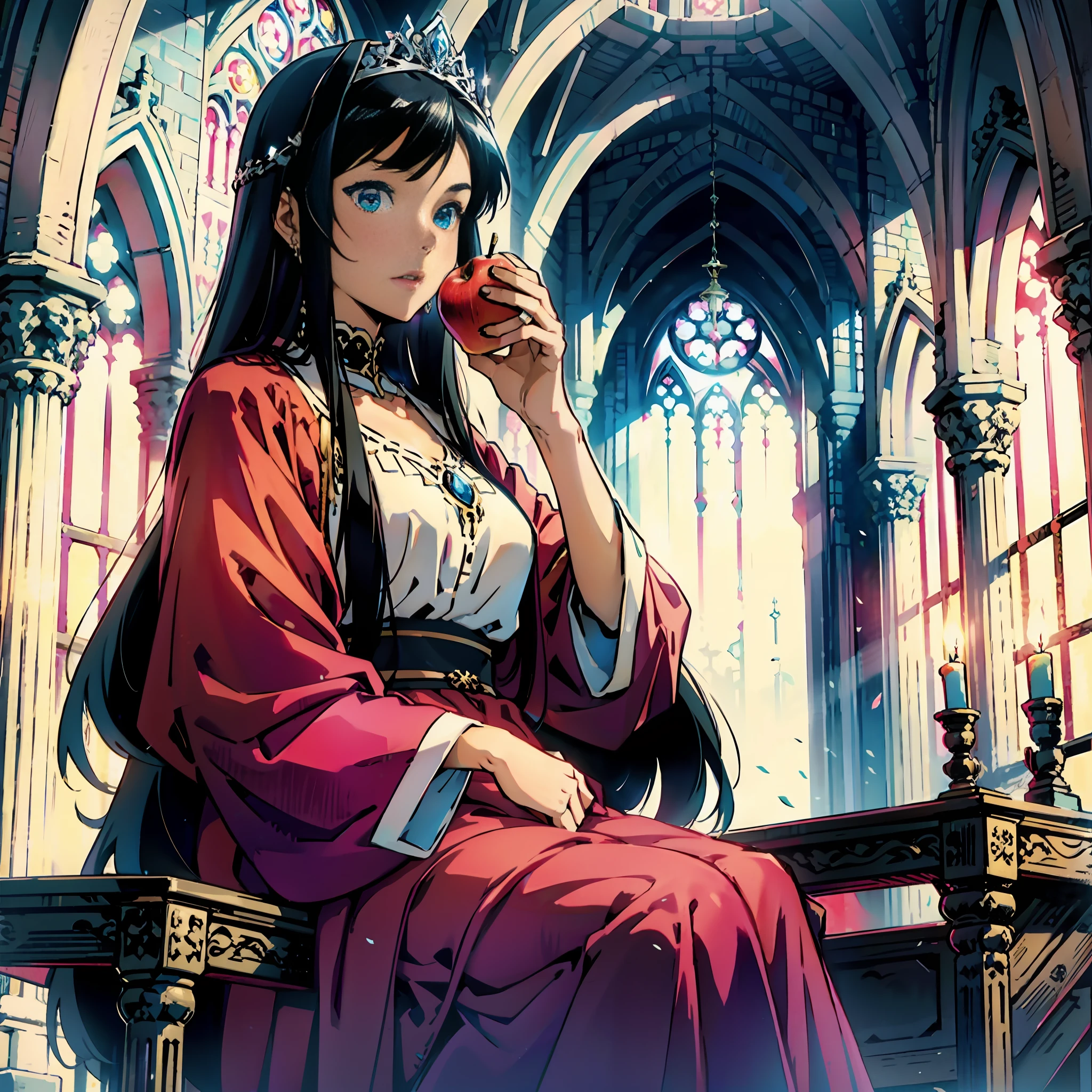 Create an anime-style illustration based on the scene described. The main focus of the image should be the mysterious woman sitting at the offering table. She possesses an extremely handsome face and the physique of a young woman between the ages of nineteen and twenty. Her long, black hair is adorned by a silver tiara. She's nonchalantly eating one of the apples Nestor brought, while swinging her suspended foot and holding the other knee. The atmosphere of the illustration should convey its beauty and an aura of mystery. Use vibrant colors and delicate details to highlight the woman's charming appearance. The composition should emphasize its central presence in the scene, with the altar and the little church inside the background to contextualize the environment. --auto --s2