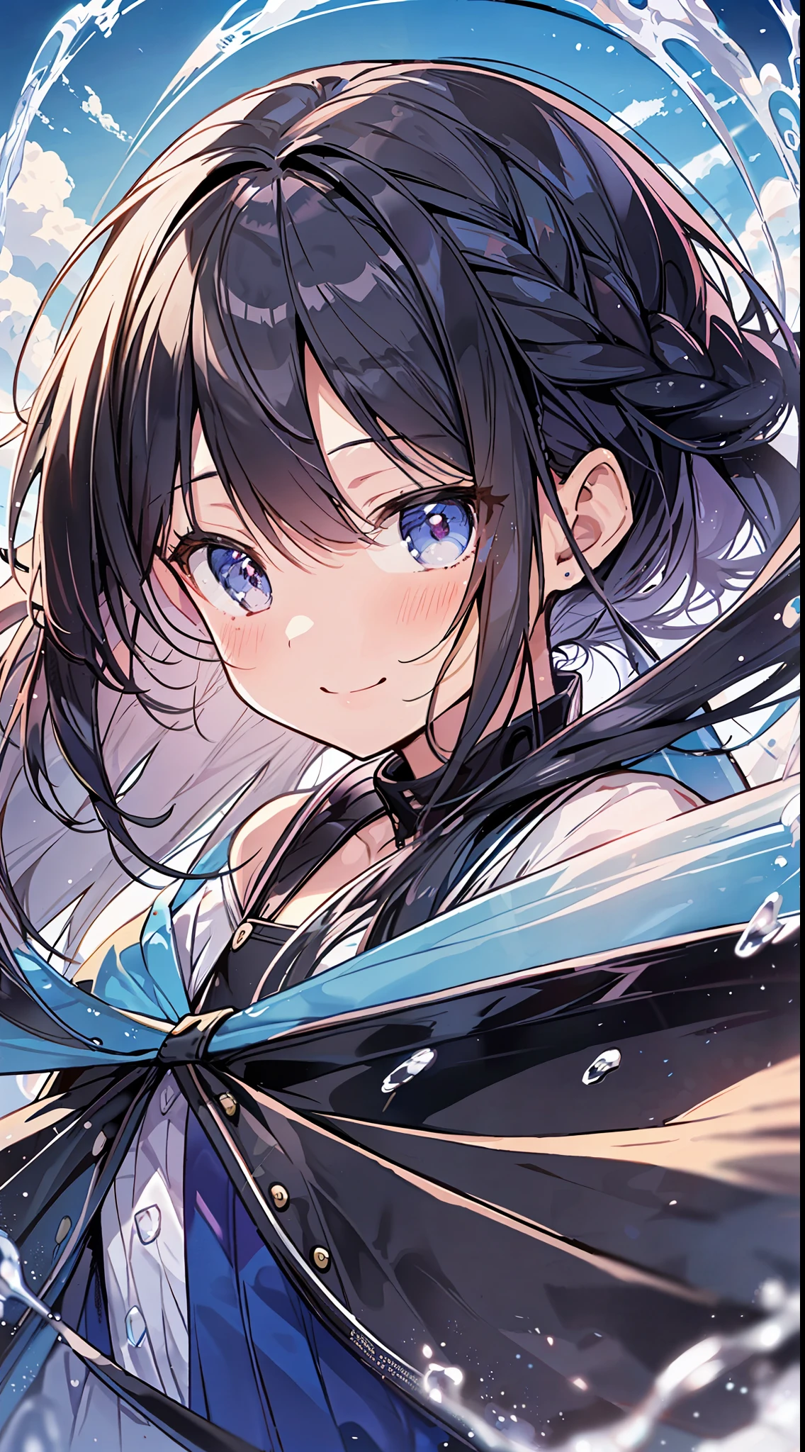 Top Quality, Masterpiece, Ultra High Definition, 8K, Summer Sky, Early Summer, (Flared Skirt, Poncho, Cape), Shojo Manga Style Loli, One, Soft Line Art, Digital Enhancement, Shojo Manga Touch, Shojo Manga Core, Flowing Fabric, Close Up, (Hair length to the shoulders and short braids)), Wet hair, Soft drawing, Beautiful black hair, Clear eyes, ((Teasing smile)), Ultra-detailed digital anime art, clear face depiction, ultra-detailed shoujo manga character art, clear facial features, ultra-detailed manga style, top quality colors, hand gestures, cityscape, looking up at the sky, angle to see up to your feet