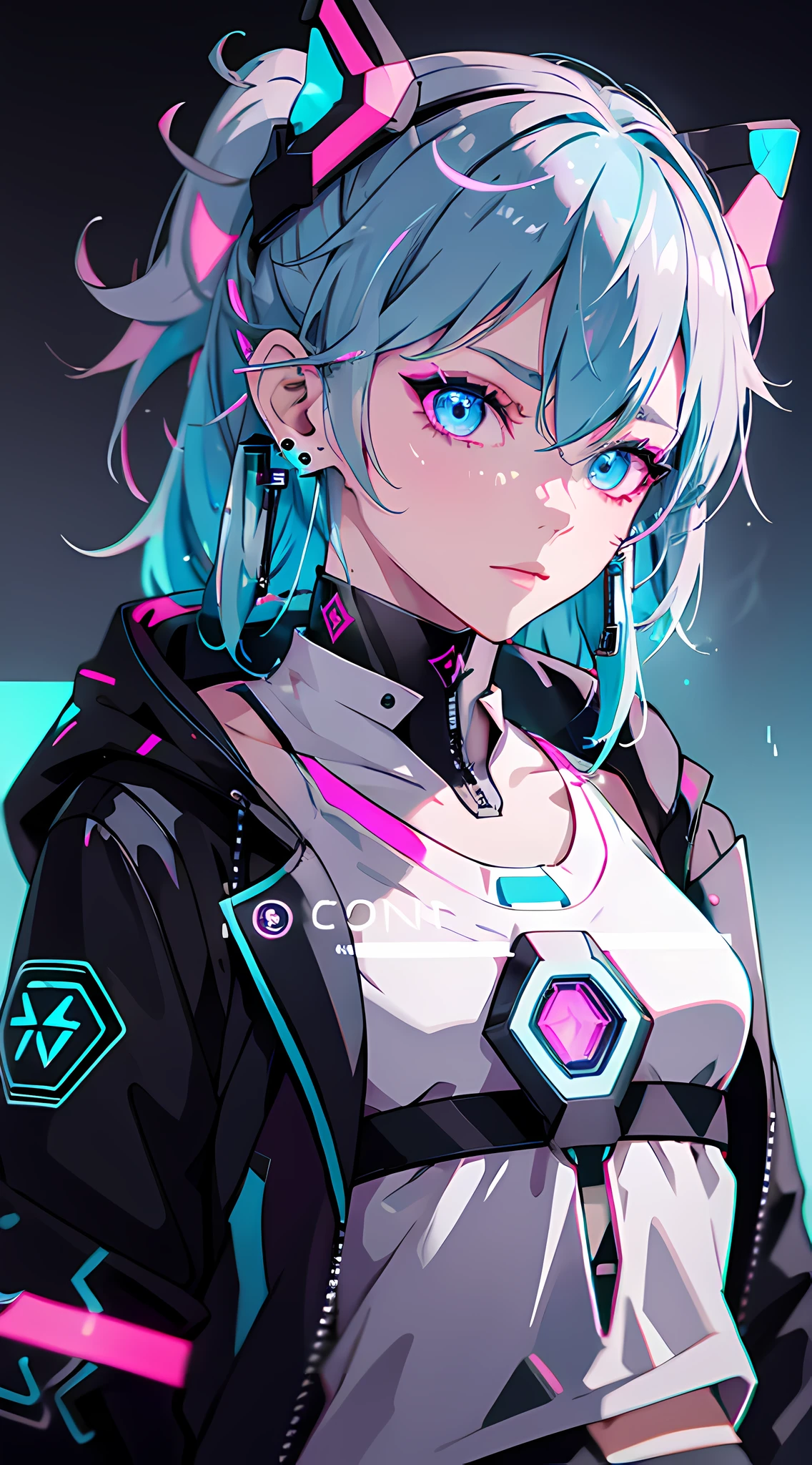 (masterpiece, best quality, night, silver hair:1.4), (cowboy shot:1.8), 8k, absurdres, beautiful girl, (wearable computer:1.6), cyberpunk, cyber goth, (cyberpunkoutfit, fluorescence pink accent, glowing pink lines on short jacket:1.4), neon, bracelets and choker, (glowing, glow, film grain, chromatic aberration:2), (asian shopping district, street, buildings, skyscraper:1.2), makeup, very small mechanical device, (cyan earrings:1.3), sharp focus, dark background, perspective, depth of field, (rain, fog, bleach bypass, HDR, facelight, sharp focus, dynamic lighting, cinematic lighting, professional shadow, extreme detailed, finely detail, real skin:0.8), (detailed eyes, sharp pupils, realistic pupils, dark back ground:0.6), (glitch effect:0.6)