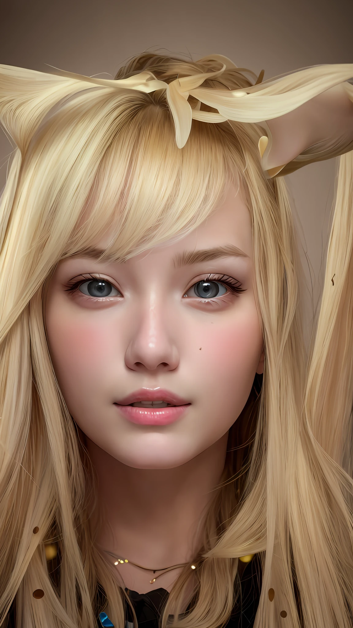 best quality, masterpiece, high_res, 1girl, hair ornament, necklace, jewelry, Beautiful face, upon body, tyndall effect, photo realistic, dark studio, rim lighting, two tone lighting, (high detailed skin:1.2), 8k uhd, dslr, soft lighting, high quality, volumetric lighting, candid, Photograph, high resolution, 4k, 8k, Bokeh, medium breasts, open fingers, (hair color:blonde:1)
