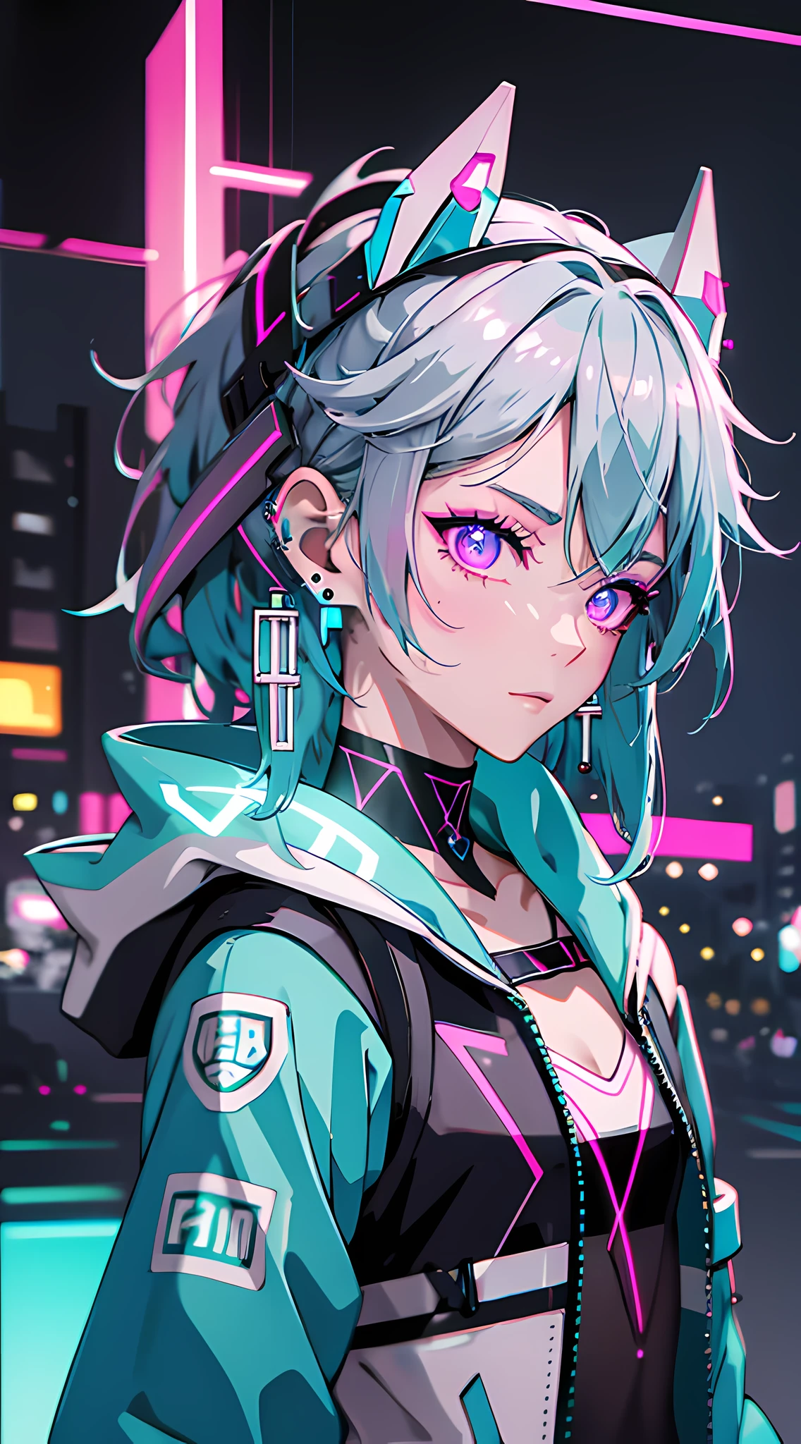 (masterpiece, best quality, night, silver hair:1.4), (cowboy shot:1.8), 8k, absurdres, beautiful girl, (wearable computer:1.6), cyberpunk, cyber goth, (cyberpunkoutfit, fluorescence pink accent, glowing pink lines on short jacket:1.4), neon, bracelets and choker, (glowing, glow, film grain, chromatic aberration:2), (asian shopping district, street, buildings, skyscraper:1.2), makeup, very small mechanical device, (cyan earrings:1.3), sharp focus, dark background, perspective, depth of field, (rain, fog, bleach bypass, HDR, facelight, sharp focus, dynamic lighting, cinematic lighting, professional shadow, extreme detailed, finely detail, real skin:0.8), (detailed eyes, sharp pupils, realistic pupils, dark back ground:0.6), (glitch effect:0.6)