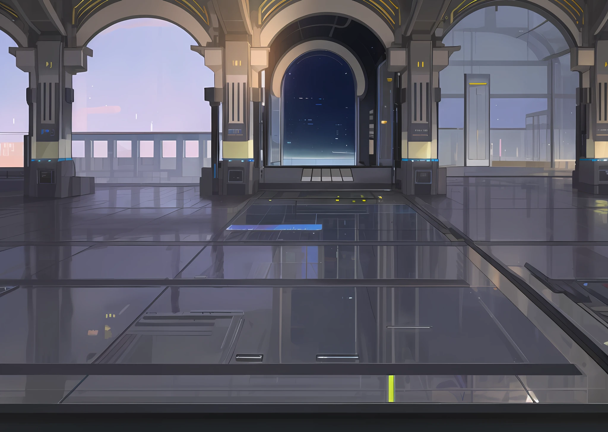 Technology sense glass floor, outdoor scene science fiction dock scene, full of technology, empty glass floor, modern, rich in details, glass, HD