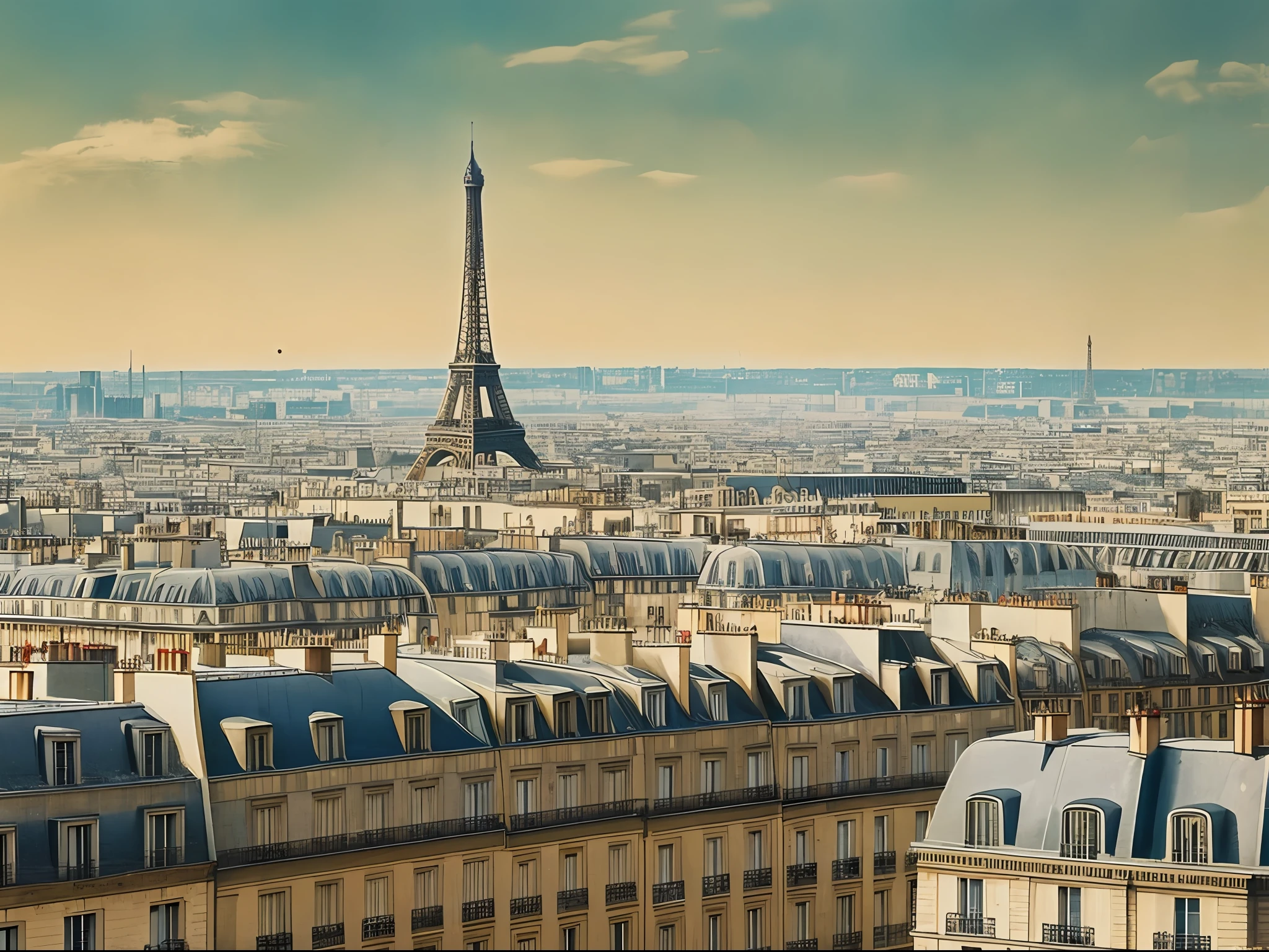 Landscape photo of Paris in 1970, old postcard, nostalgic, vintage, old faded color photo, realistic photo, high quality, ultra realistic texture --auto --s2