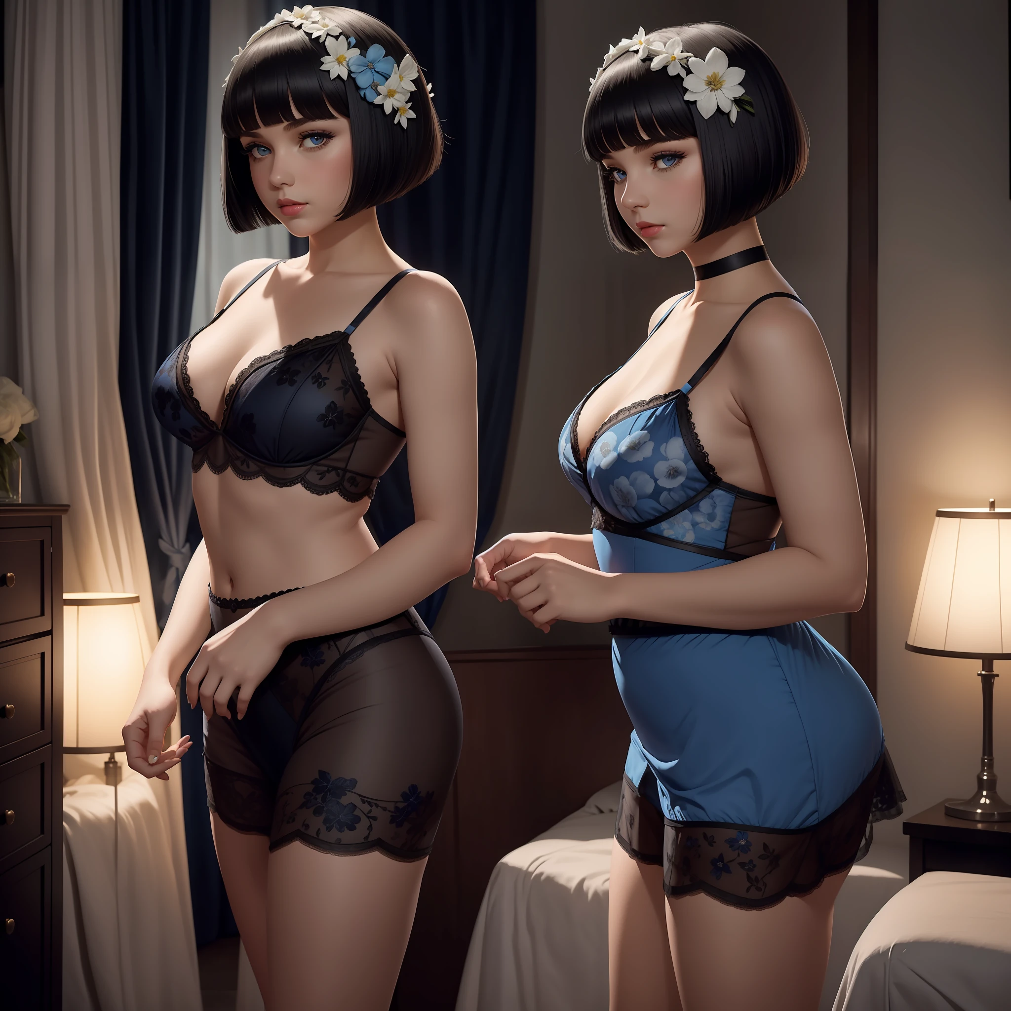 (1girl), (solo), Caucasian white girl, black bobcut hair with a flower in her hair, dressed in a blue burlesque outfit with 1940s flower pattern, in a bedroom, night, she is standing