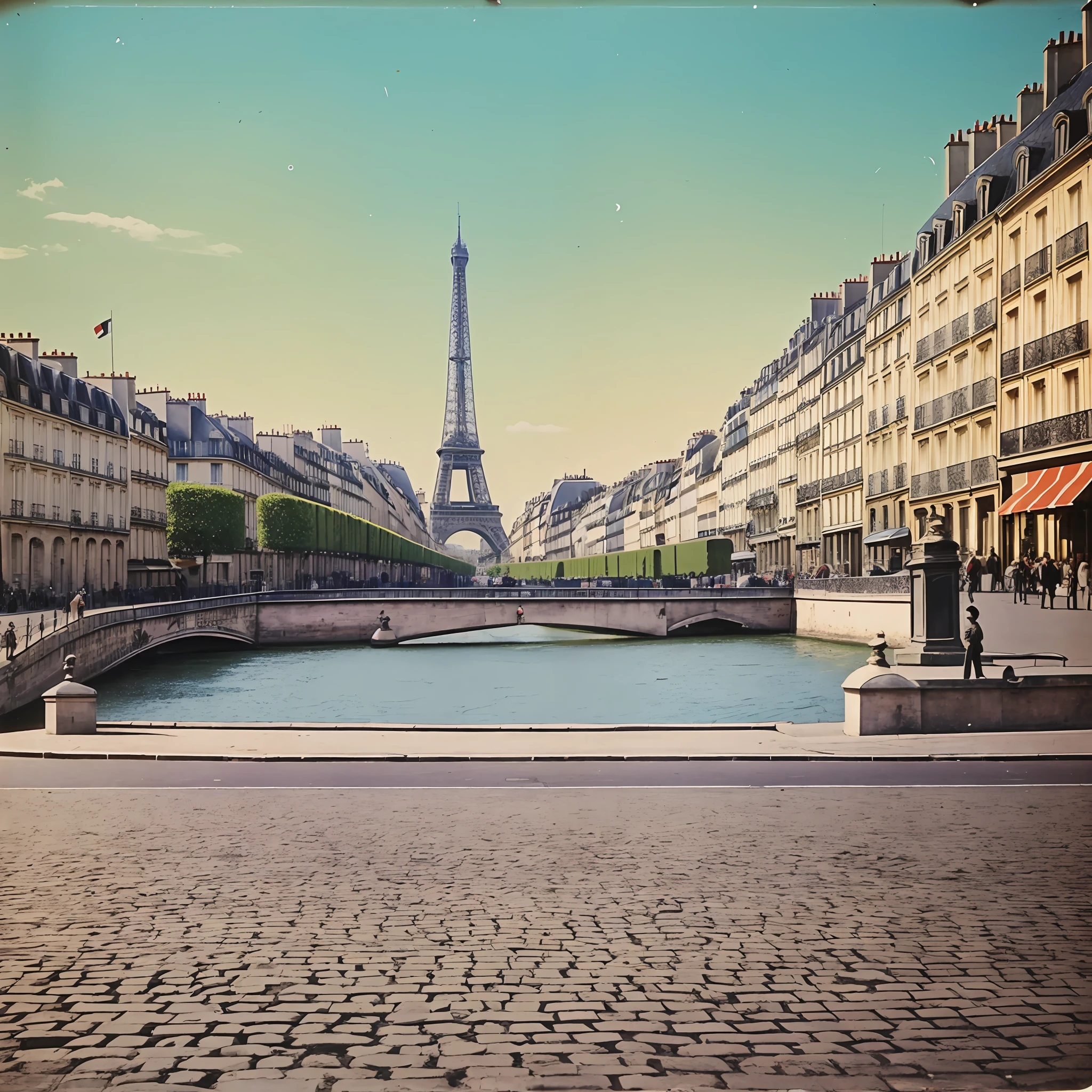 Landscape photo of Paris in 1970, nostalgic, vintage, old faded color photo, realistic photo, high quality, --auto --s2