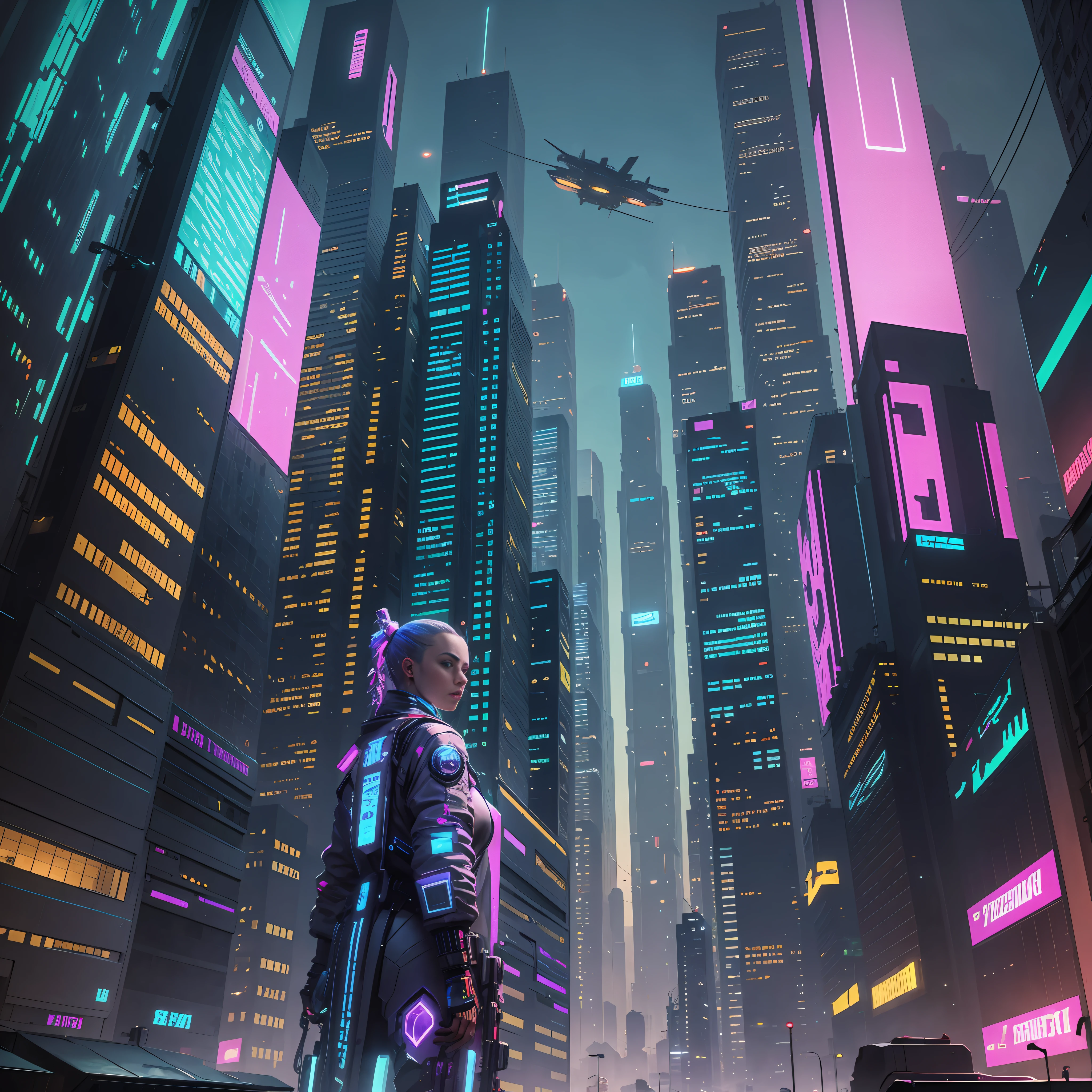 Cyberpunk style city, under dusk, sci-fi style, there are a lot of flying machines in the sky, there are many luminous cables between buildings, ultra-clear, 8K, complex, cool colors, super large scenes, super realistic details --auto --s2