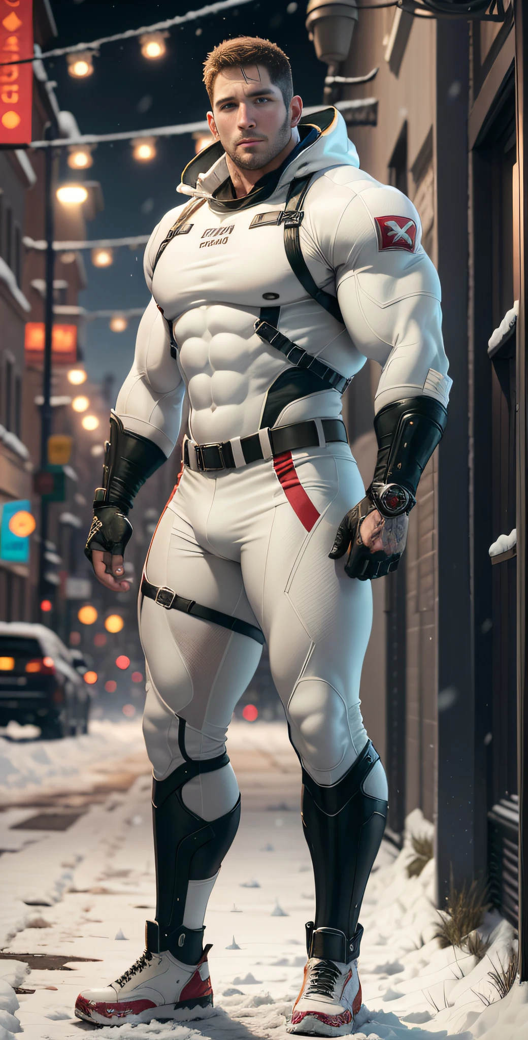 Movie poster, full body, character design (Resident Evil - Chris Redfield, Chris Redfield) wearing a fleece rice cream white combat suit, standing alone on the snowy street, with a resolute expression, deep and charming eyes, emerald-like pupils, muscle male heroes, heroic male postures, tall and burly, muscular! Sexy charming developed leg muscles, tall and burly, creamy white combat suit, super gain and cool, high resolution committee, beige cream white combat boots, attractive strong male, falling snowflakes falling on the body, lonely