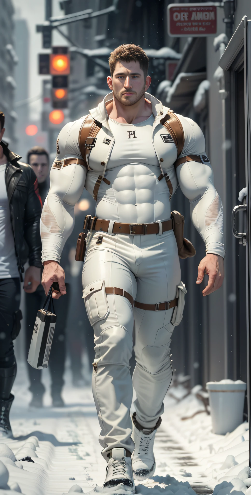 Movie poster, full body, character design (Resident Evil - Chris Redfield, Chris Redfield) wearing a fleece rice cream white combat suit, standing alone on the snowy street, with a resolute expression, deep and charming eyes, emerald-like pupils, muscle male heroes, heroic male postures, tall and burly, muscular! Sexy charming developed leg muscles, tall and burly, creamy white combat suit, super gain and cool, high resolution committee, beige cream white combat boots, attractive strong male, falling snowflakes falling on the body, lonely