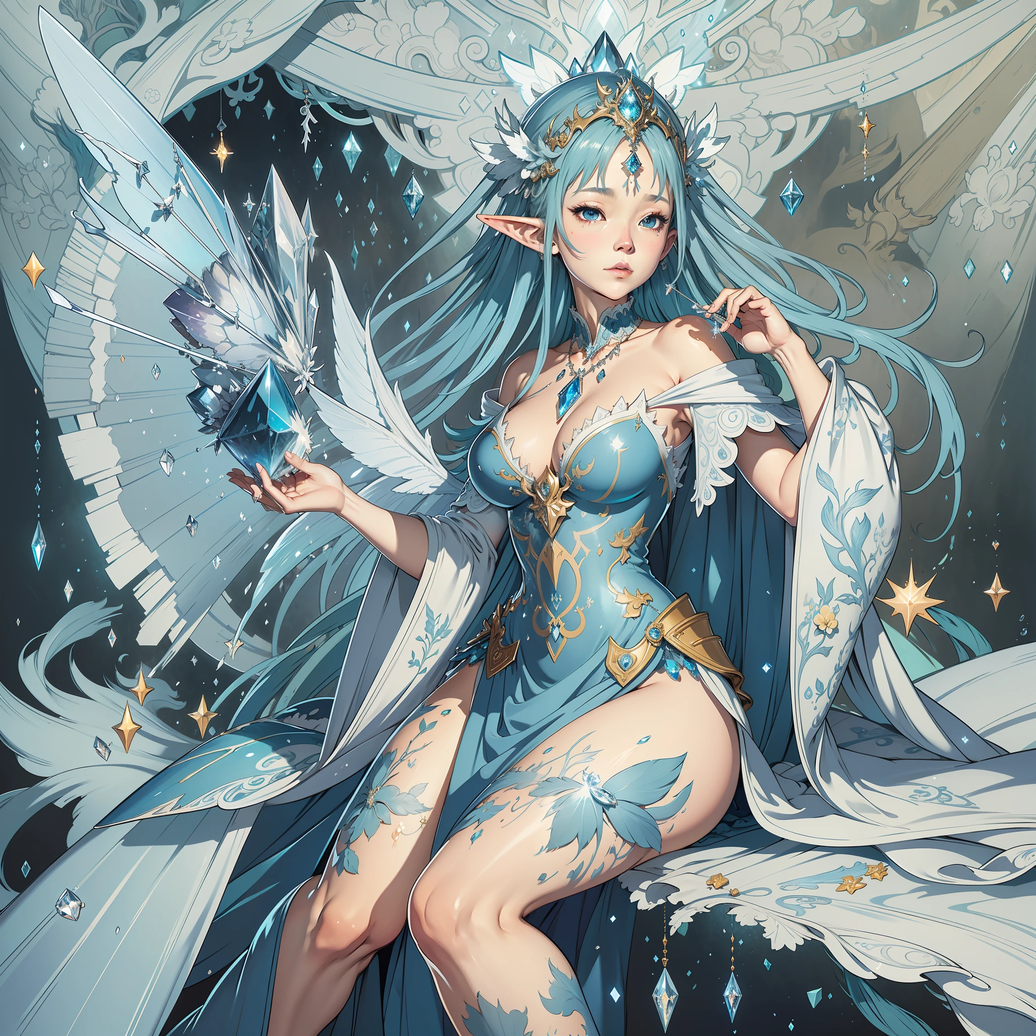 Full body, elf dress, bright crystal eyes, blue hair covered with crystal pendant, with fairy wing, big breasts, fairy illustration, fantasy, sunlight, sunlight, intricate details. 8k, fairy kingdom setting, dreamy, surreal, symmetrical, soft lighting, popular on art tables, intricate details, highly detailed, unreal engine, by ross tran, wlop, artgerm and james jean, Brian Froud , art illustration by Miho Hirano, Neimi Kanani, oil on canvas by Aykut Aydoğdu, heavy brushstrokes, dripping paint
