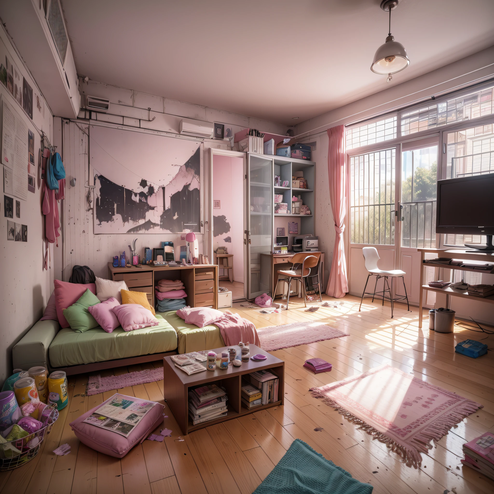 Girl's obsolete dirty room, shabby old pink sofa, underwear is scattered, clothes are scattered, PC and monitor, evening, window, sunset light is entering the room, junk food, cup noodles and drink jars and cans are scattered, garbage is overflowing from trash cans. Cables and wiring are exposed from the walls, only appliances are futuristic, sparkling dust flutters in the room, HD, 8K, masterpiece, realistic texture. --auto --s2