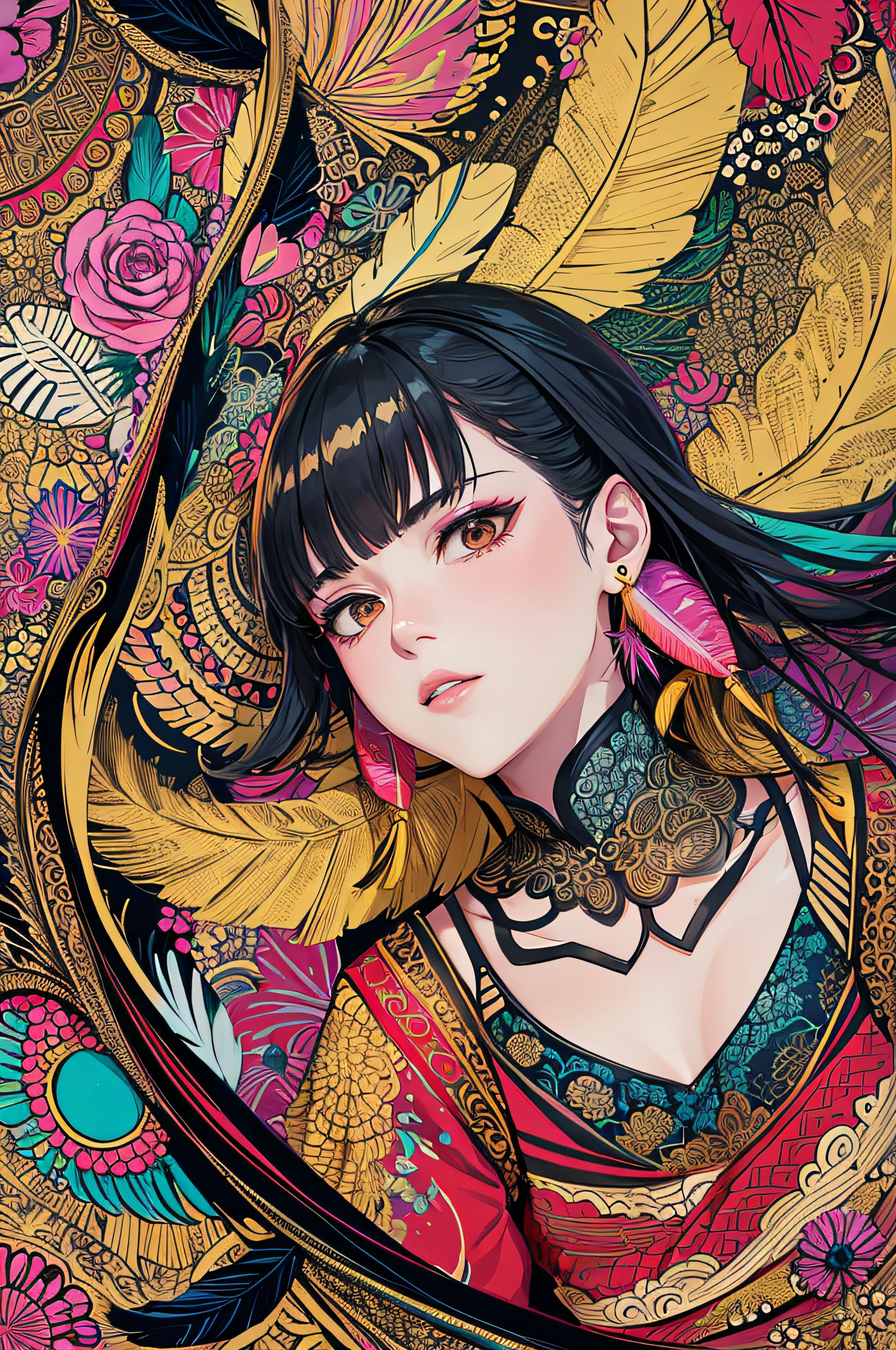 一条龙,金色龙鳞片,金色龙角,粒子,光线,(masterpiece, top quality, best quality, official art, beautiful and aesthetic:1.2), (1girl:1.3), extremely detailed,(fractal art:1.1),(colorful:1.1)(flowers:1.3),highest detailed,(zentangle:1.2), (dynamic pose), (abstract background:1.3), (shiny skin), (many colors:1.4), ,(earrings:1.4), (feathers:1.4)