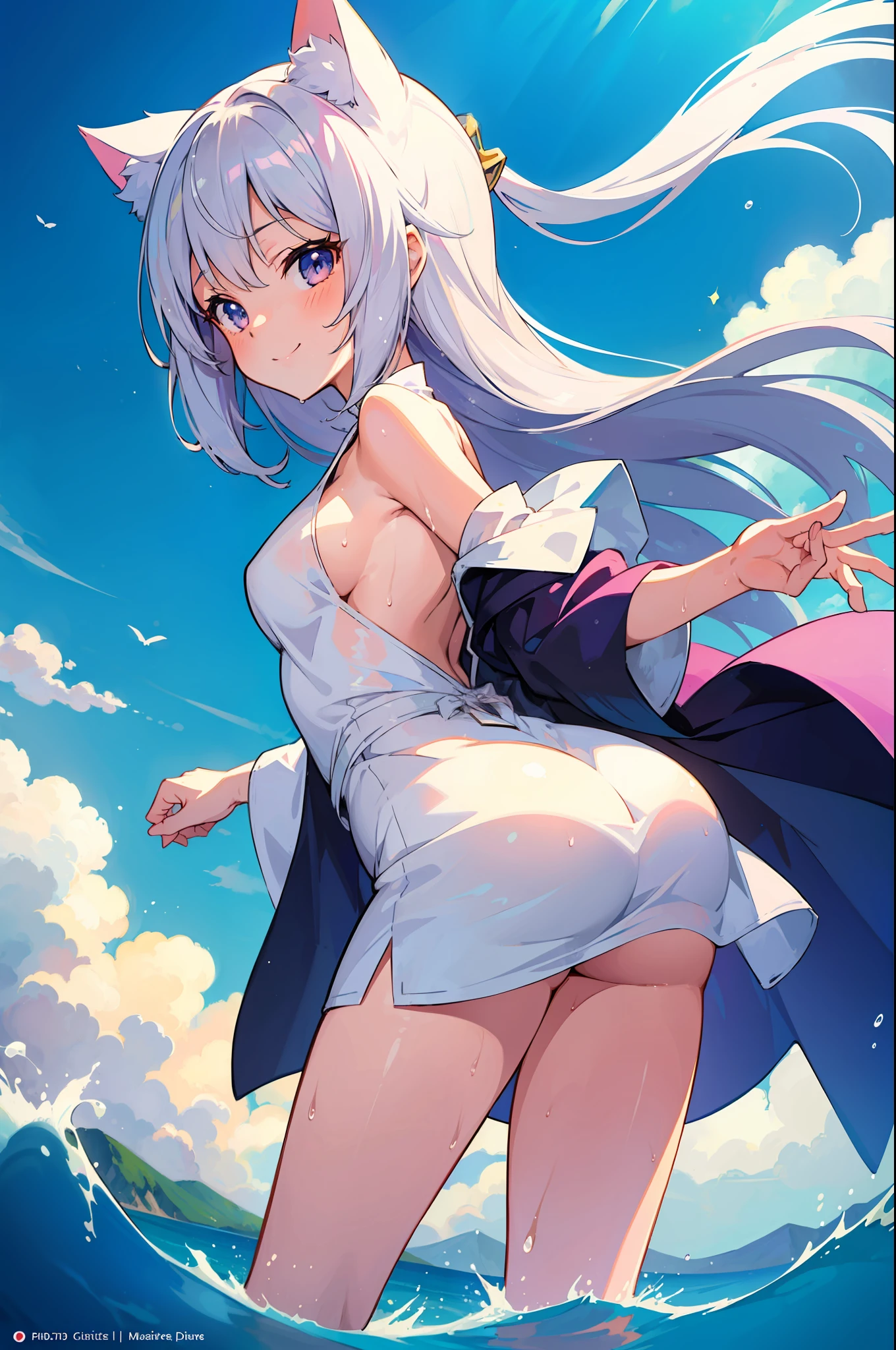 (Masterpiece), (Top Quality Anime Illustration), (Super Definition), One Girl, Solo, Beautiful Girl with Silver Hair, Anime Loli, Cat Ear Loli, Petite, Side Boob, Side Breasts, Thigh Emphasis, White Robe, Off Shoulder, Buttocks, Buttocks Up, Back, Wet and Sheerful, Smile, South Island Sea, Water