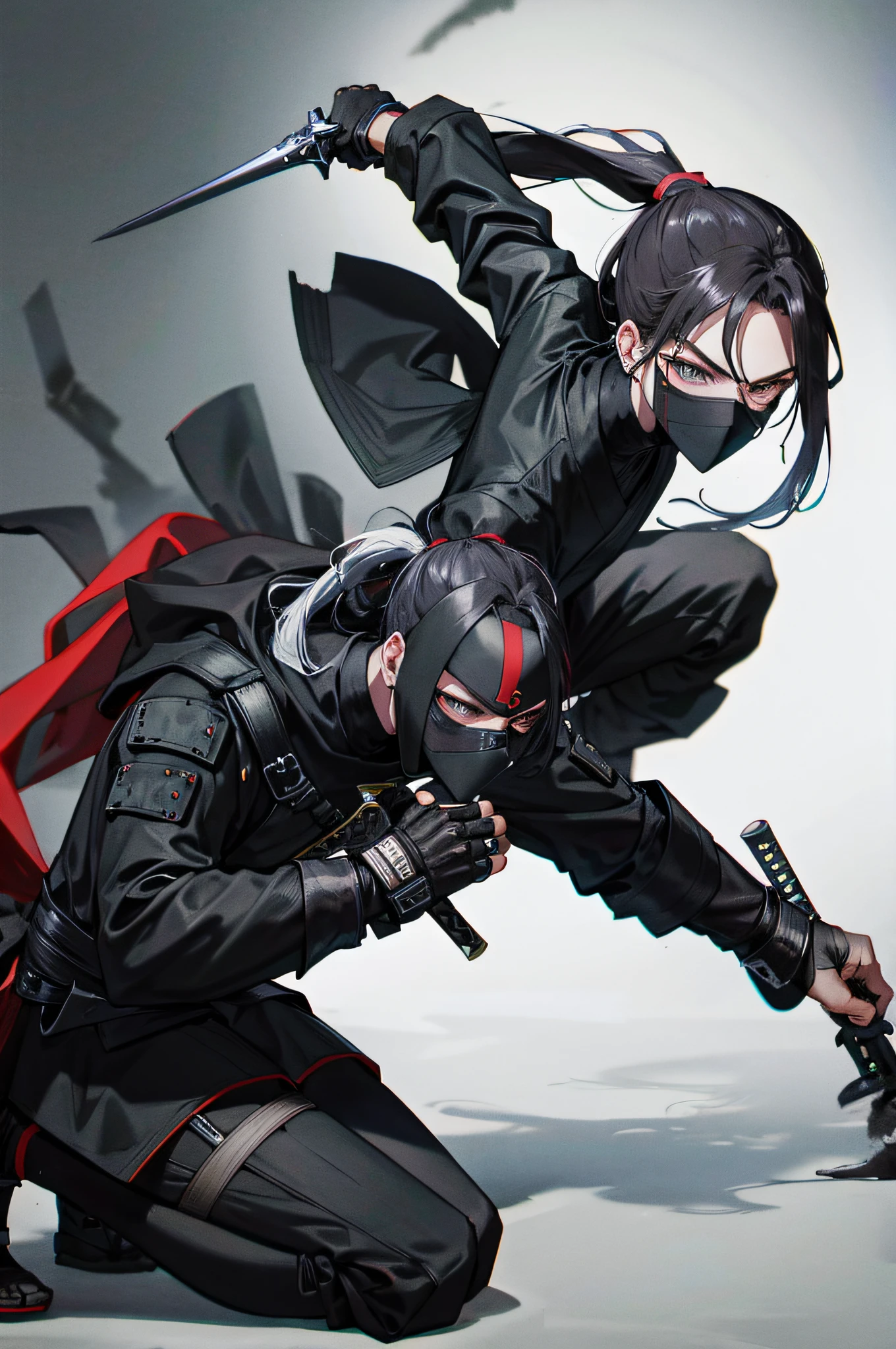 Ancient assassin, ninja, ponytail, black mask, kneeling on one knee, holding a dagger.