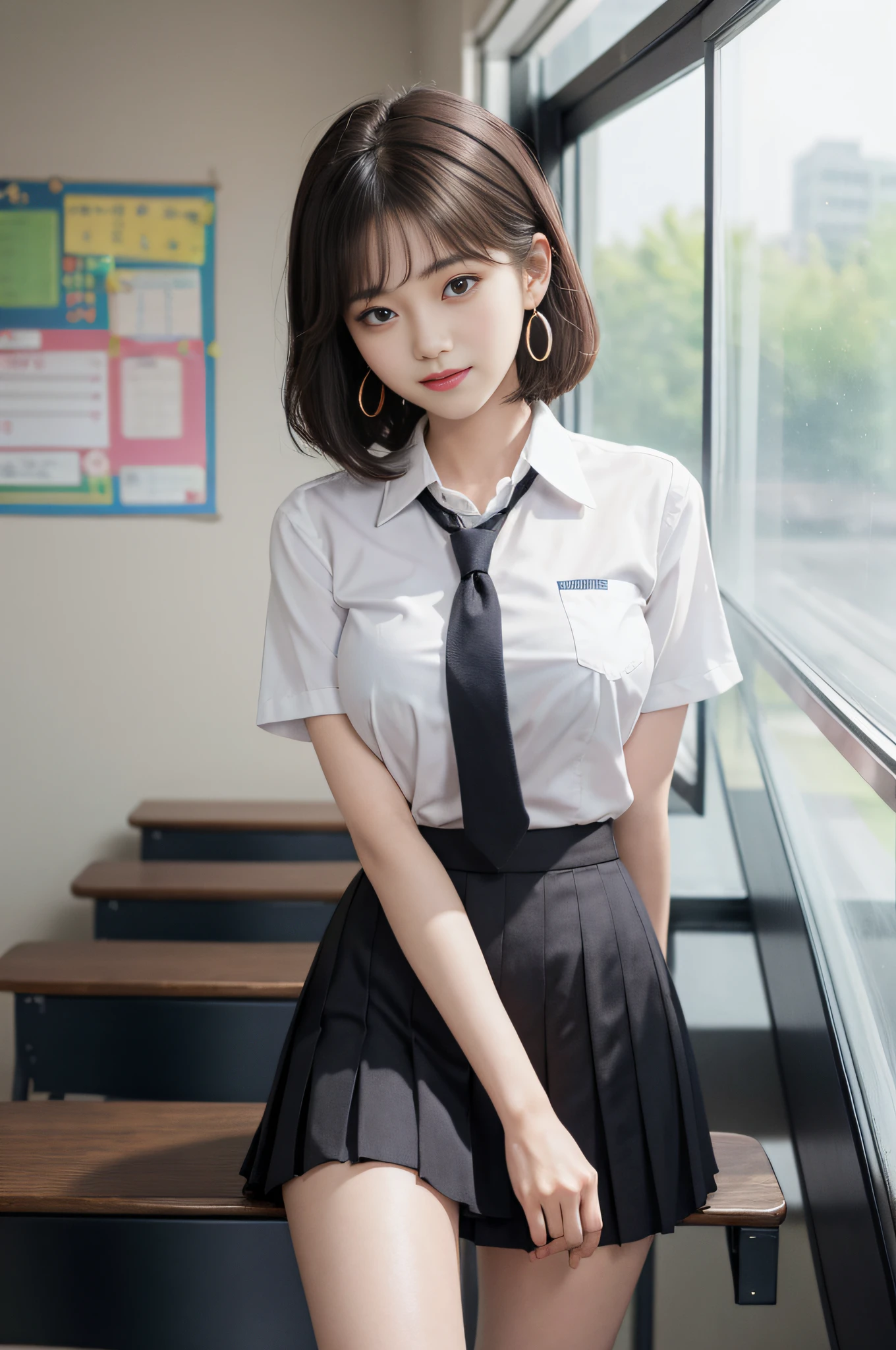 Korean school uniform, summer school uniform shirt, ribbon tie, skirt, school, classroom, school stairs, chest thrusting pose, 8K RAW photo, high resolution, cool Korean at 15 years old, very big round breasts, beautiful eyes in detail, long eyelashes, beautiful double eyelids, eyeshadow, eyeliner, slender eyes, elongated eye shape, Sanpaku eyes, evil smile, beautiful thin legs, beautiful thin thighs, Random short hair, hair tied at the back of the head, earrings, light brown hair