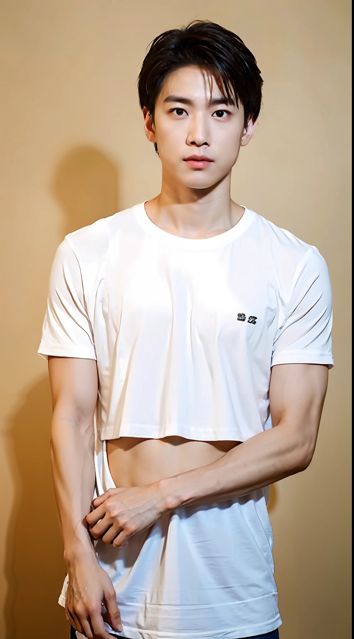 Best Quality, Ultra High Resolution, (Realistic:1.4), Masterpiece, Blurred Background ,Abs, Solo, 1 Boy, Young , Standing, White Skin, White T-Shirt, Assuming, Looking at the Viewer , Facial Focus,