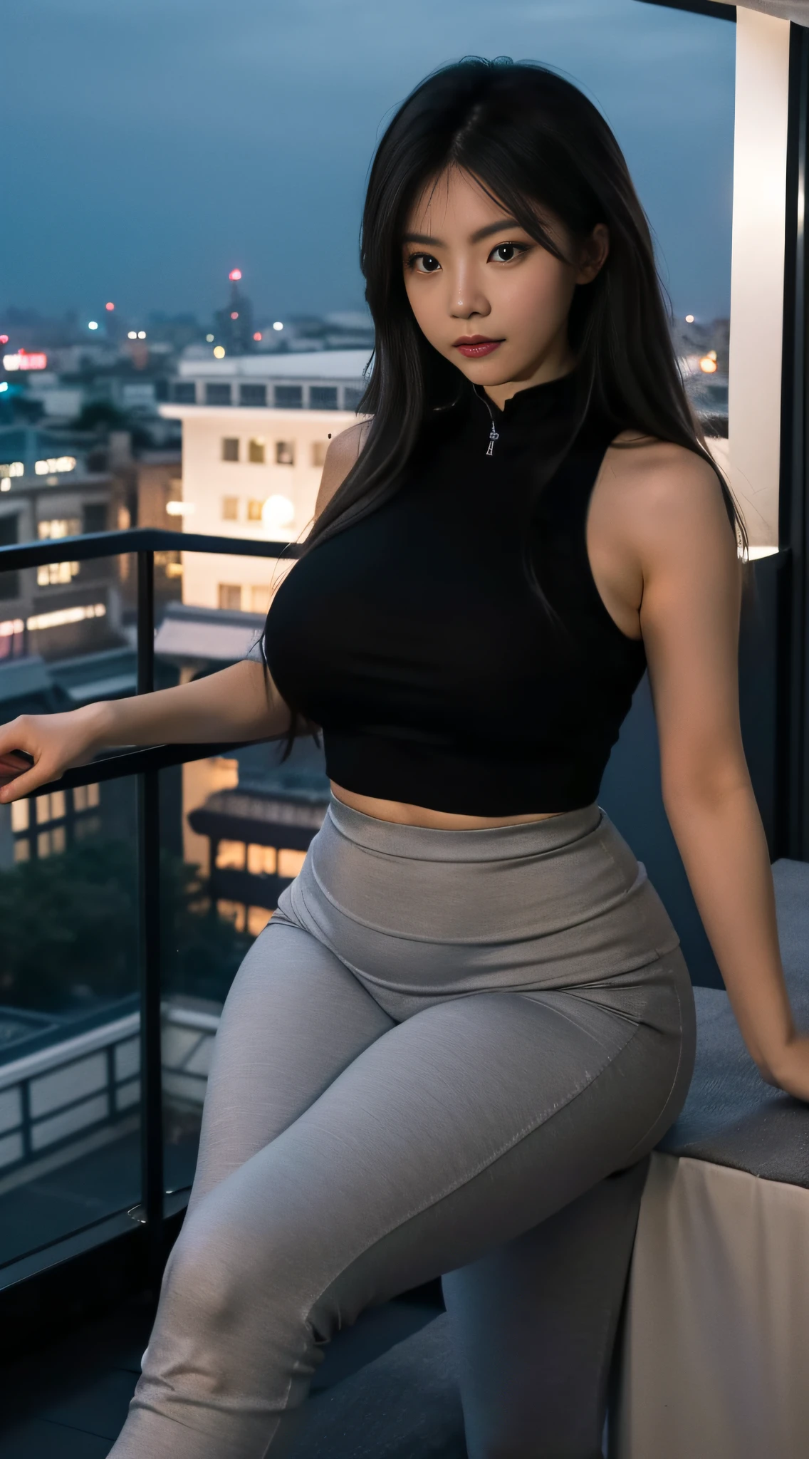 A Chinese woman on the rooftop of the top floor of a tall building at night, fluffy hair, delicate face, bright, real girl, large aperture, wearing gray tight yoga pants and trousers, wearing a black yoga vest, close shot, plump, slightly fat, standing, frontal shooting, very plump,
