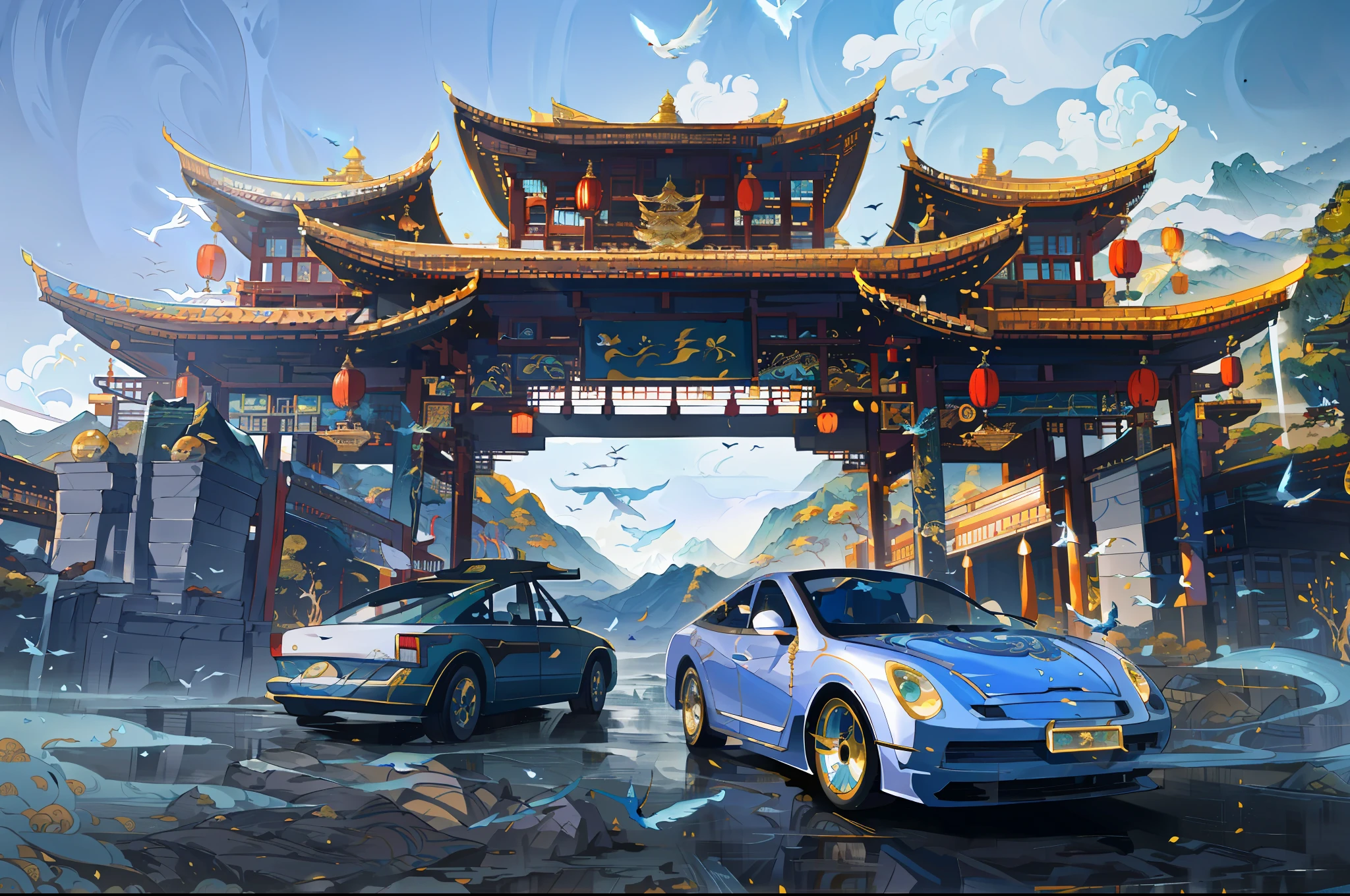 an image of an asian landscape with mountains and birds in the air, in the style of fantastical otherworldly visions, light cyan and gold, intricately mapped worlds, hyperrealistic illustrations, romanticized cityscapes, detailed character illustrations, organic shapes and curved lines, --v6