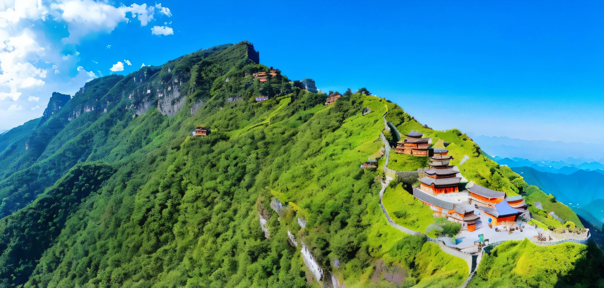At the top of the hill there is a bird's eye view of a small village, "mountains, landscapes, valleys to temples, vanjing mountains, mountain towers, temples on cliffs, vistas, mountains."