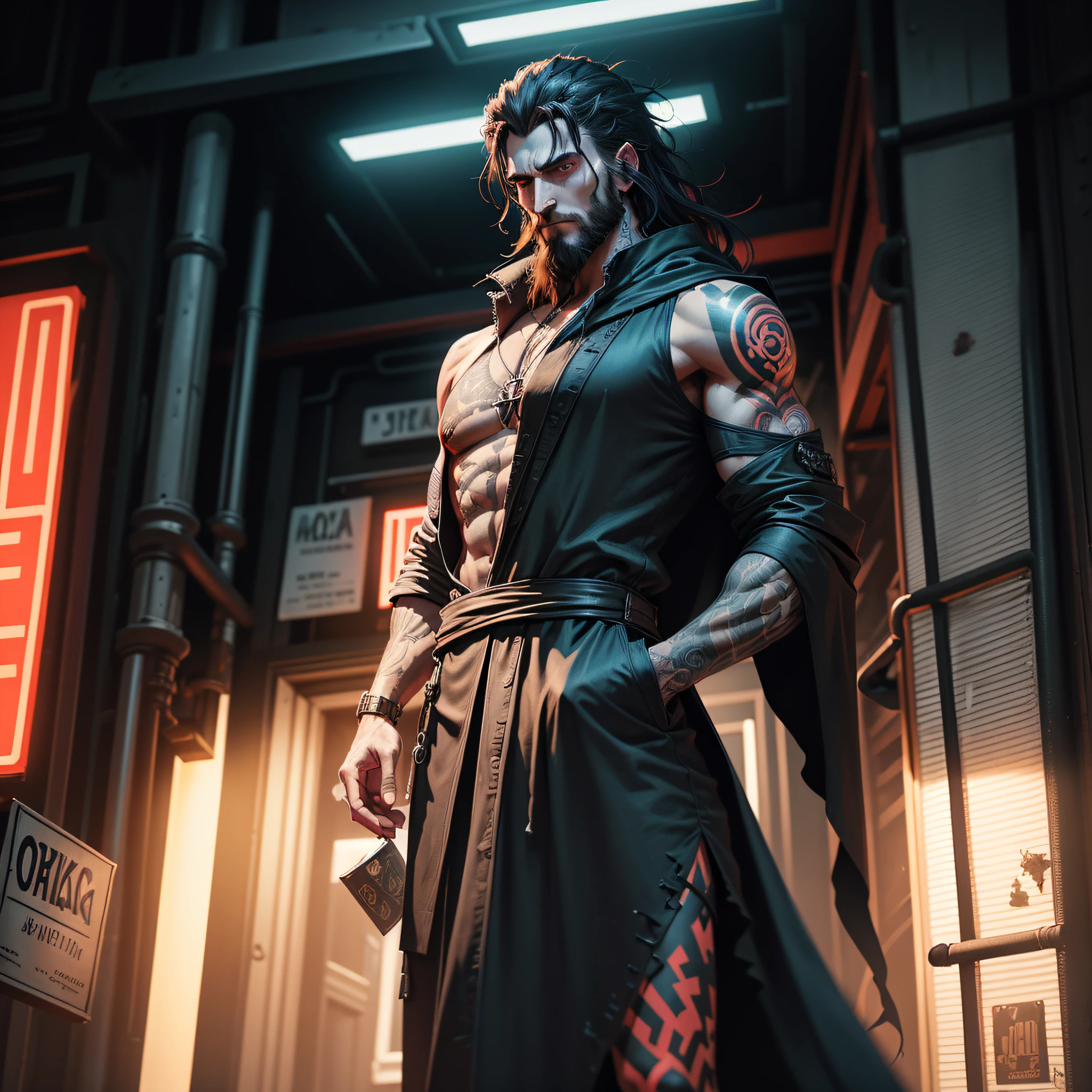 Hades, in a cyberpunk background with buildings and store signs with red and white lights, medium black hair reaching down on his shoulders and black bushbeard, wearing a black robe covering his entire body, full of Greek tattoos