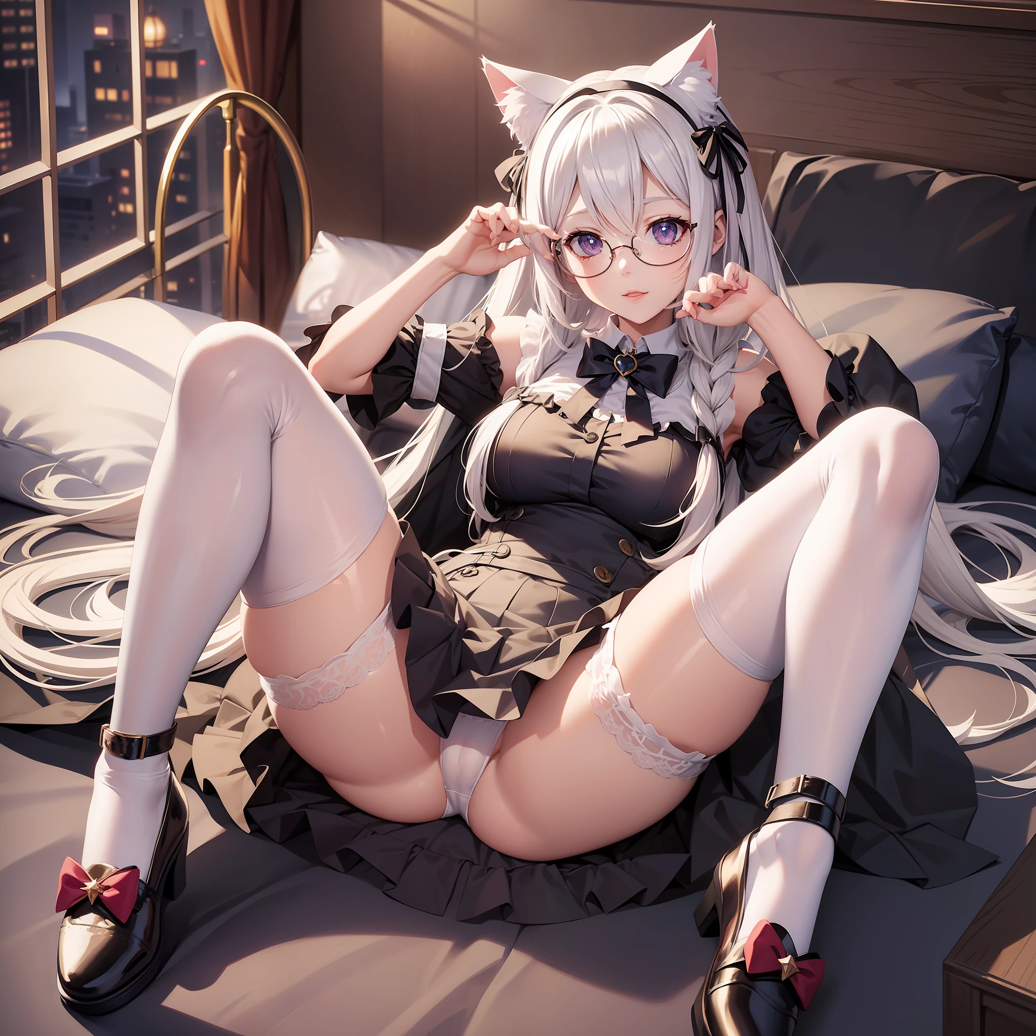 dress shoujo glasses long hair full body white suspender stockings cat ears seductive anime girl exposed panties sitting open legs