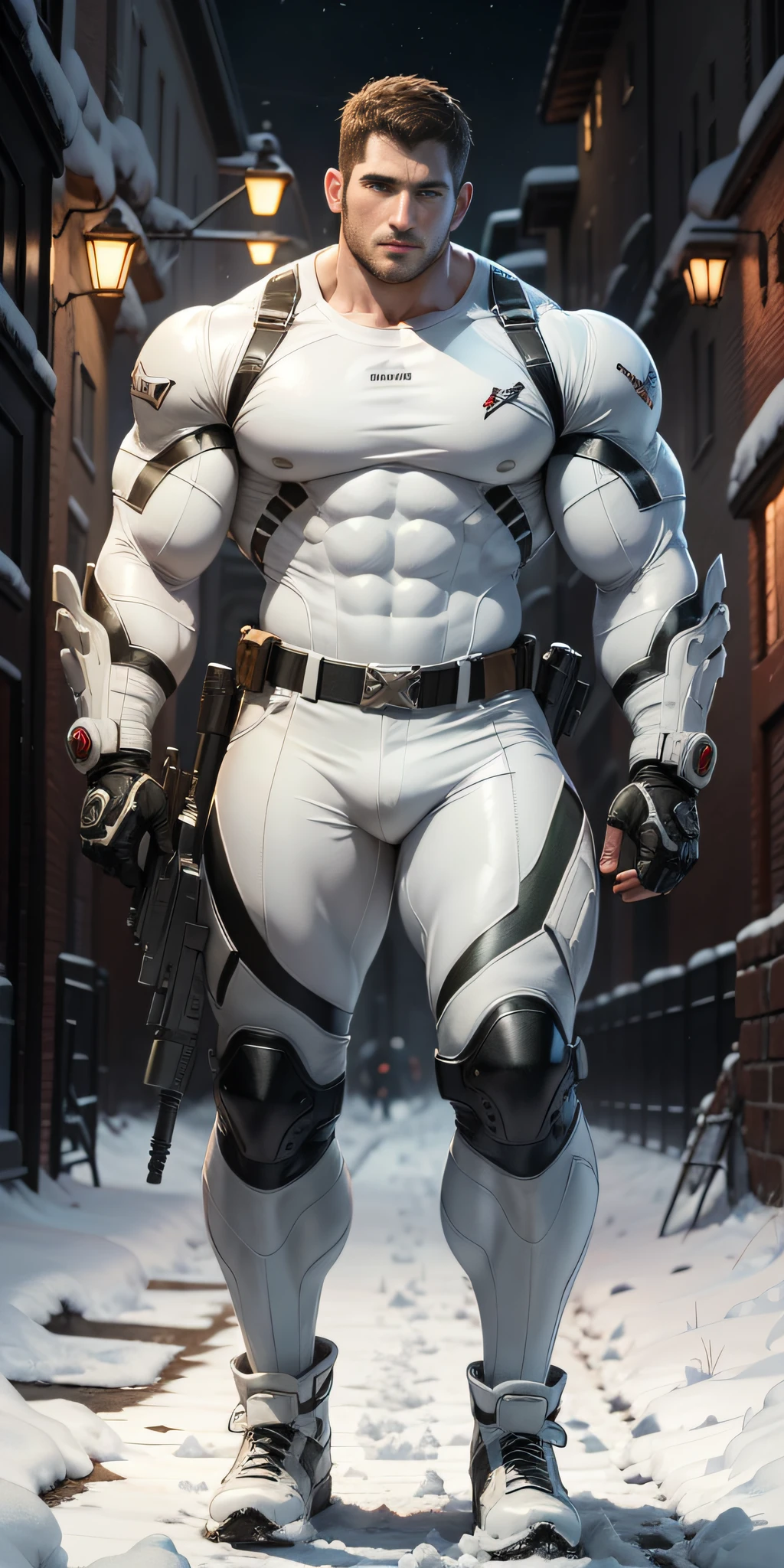 Movie poster, full body, character design (Resident Evil - Chris Redfield, Chris Redfield) wearing a milky white combat suit, standing alone on the snowy street, with a sad expression, deep and charming eyes, emerald-like pupils, muscle male heroes, heroic male postures, tall and burly, muscular! Sexy charming developed leg muscles, tall and burly, creamy white combat suit, super buff and cool, high resolution committee, rice cream white combat boots, attractive strong male, bright moonlight on the body, lonely