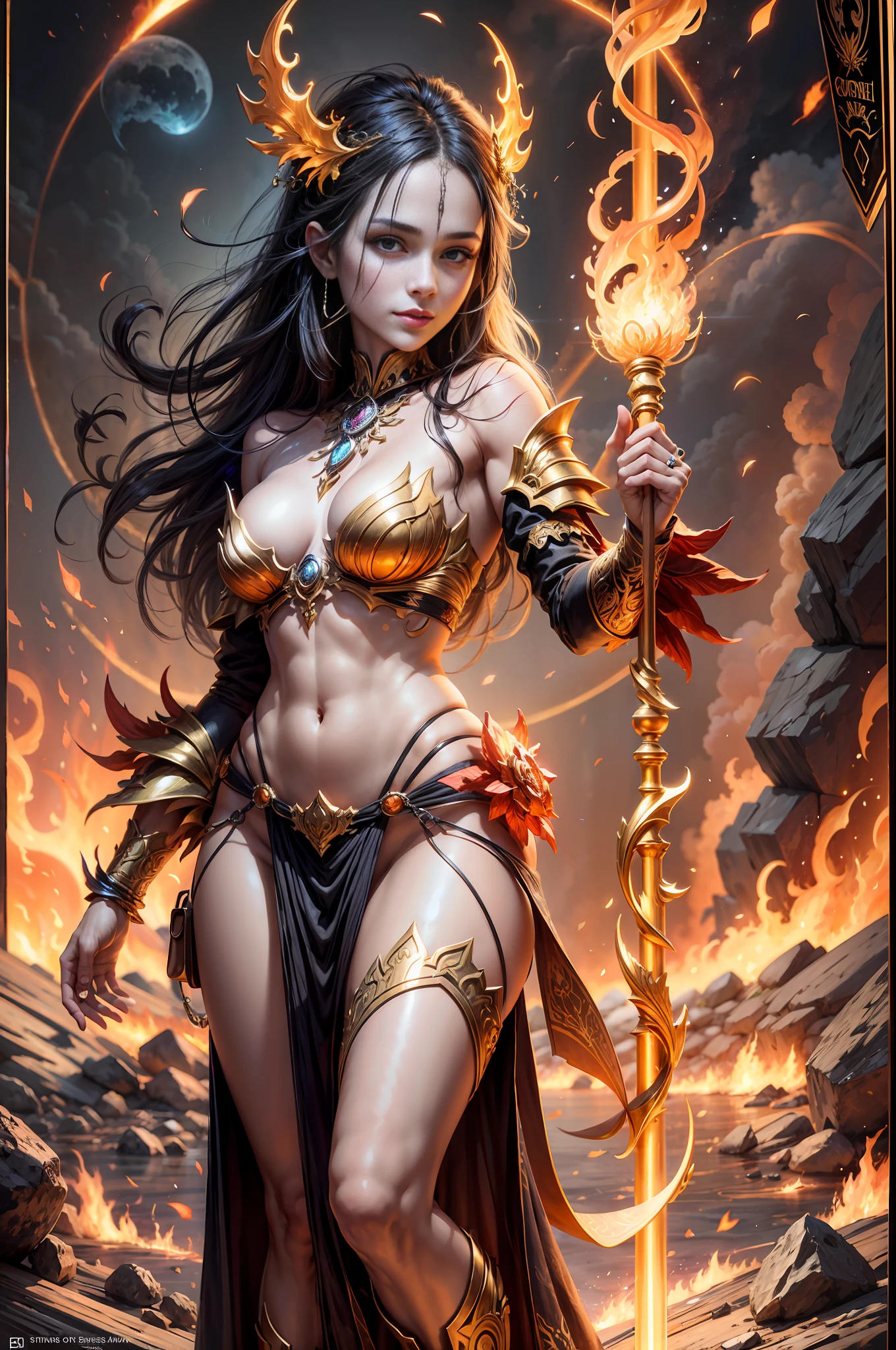 a beautiful demonic sorceress casting a fire spell,((holding a long golden majic staff )), standing and looking at viewers, various burning chains around her,(((detailed perfect face))),light smile, beautiful face, seductive body,tall body, mature body, BREAK burning aura, fire balls, orange and yellow spark dazzling around, small blue phoenix flying in the background, lava on the ground, magma, sexy body BREAK,Detailed,Realistic,4k highly detailed digital art,octane render, bioluminescent, BREAK 8K resolution concept art, realism,by Mappa studios,masterpiece,best quality,official art,illustration,ligne claire,(cool_color),perfect composition,absurdres, fantasy,focused,rule of thirds,