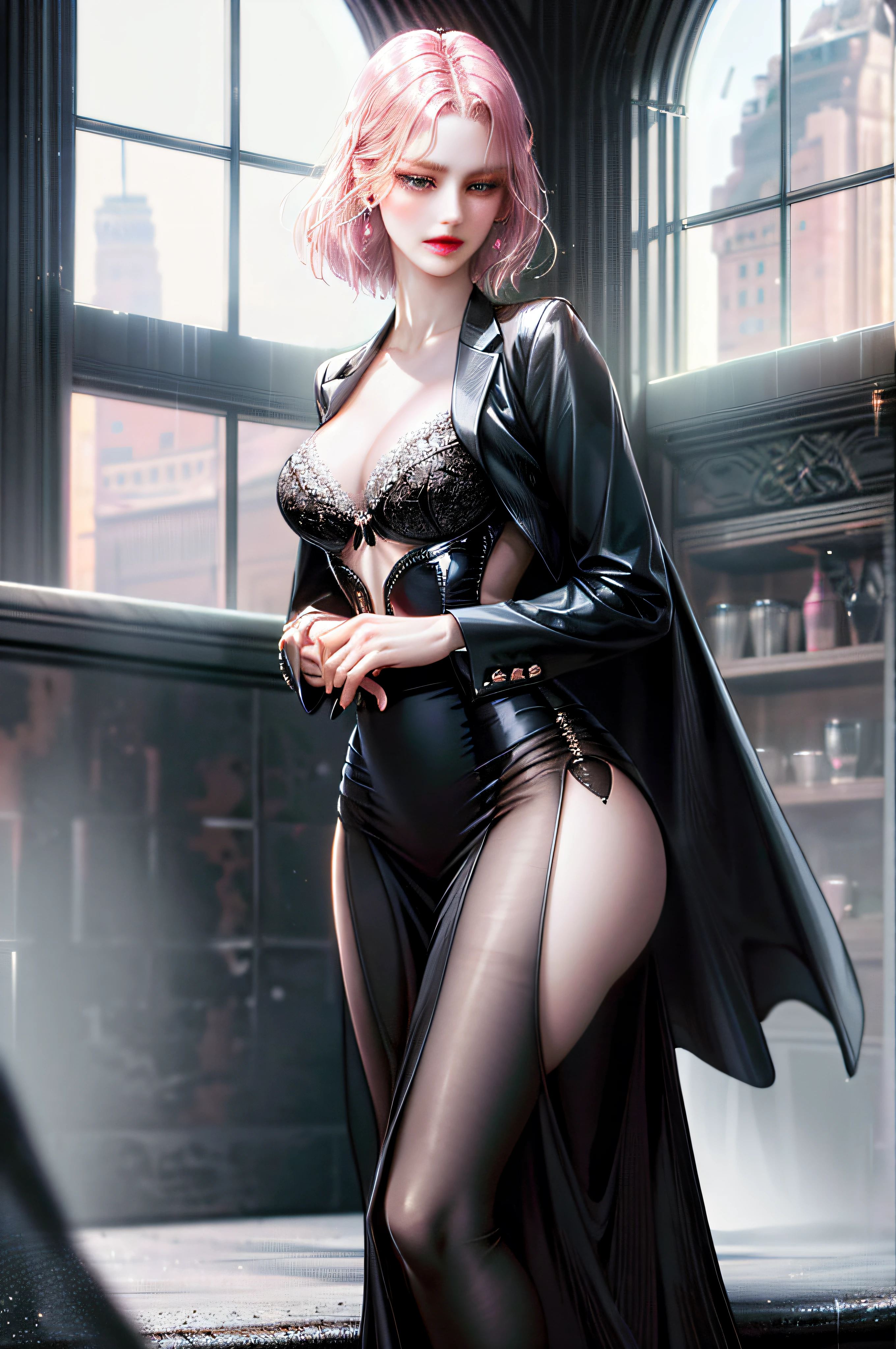 Girl, the boss of the company, tall, thin, sexy, contempt and arrogant and elegant, behind her from the 21st century there are windows showing the various buildings of the city, (black translucent suit jacket with open front, mini tight, slit skirt, pink bra, panties))