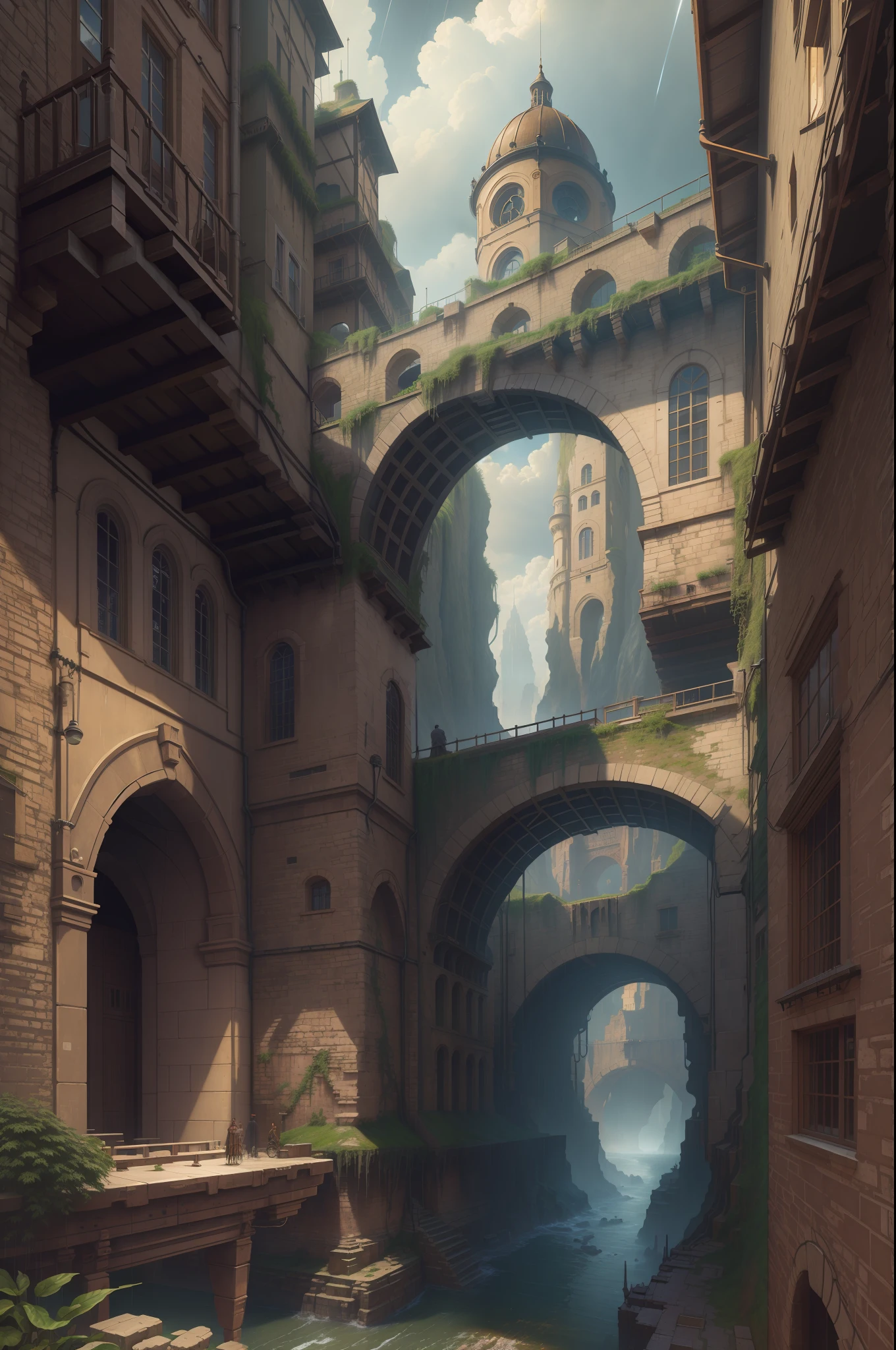 ((masterpiece)),((highest quality))),((high definition)),((real,)) Industrial age city, deep canyon in the middle, architectural street, bazaar, bridge, rainy day, steampunk, european architecture